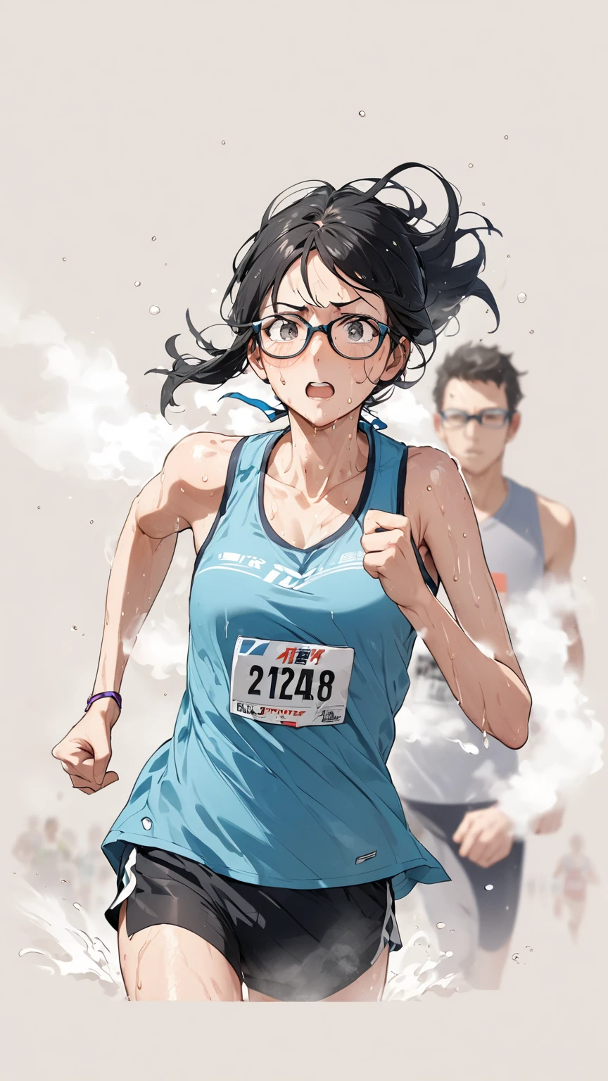 Black hair, glasses, marathon running, sweaty, steam coming off body