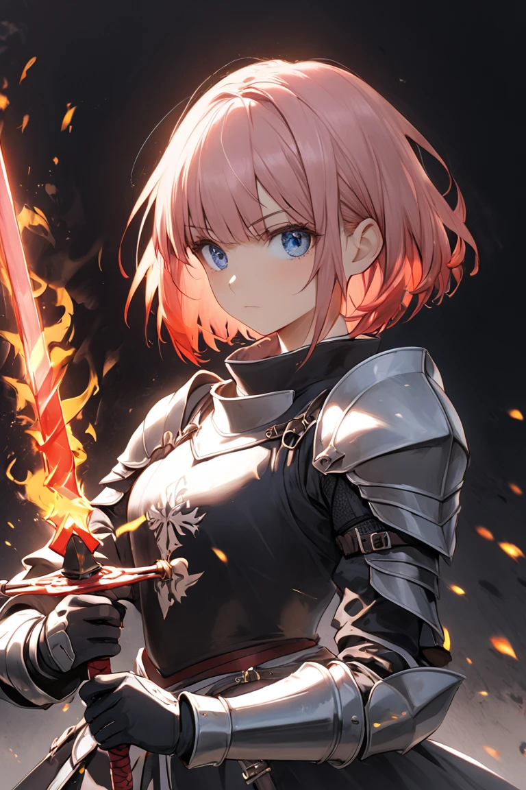 1lady,(((pink short hair,blue eyes))),solo,cool,
knight,holding a sword,fantastic, look suspicious,
(((black and red aura))),
((flame sword)),shadow,black background,fire,flame,blaze,