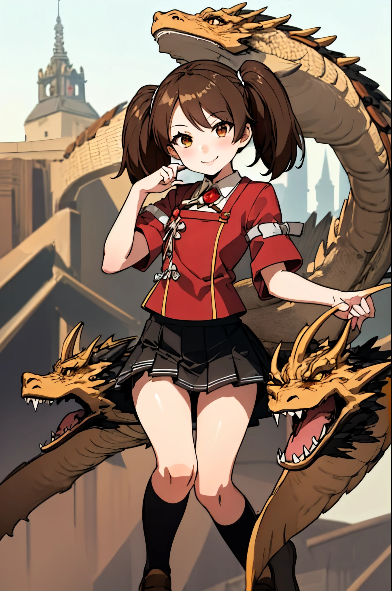  top quality ,  detailed background,
 One girl ,
Dragon Castle,  twin tails, Brown Hair, Indonesia_School_uniform, skirt,
smile, ,  Watch viewers