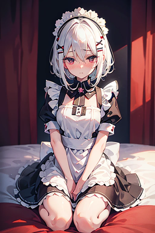 sitting on the bed and hide something white hair , hime cut, hair over eyes ,shiny hair ,medium hair , maid , maid headdress , x hair ornament ,mole under eyes , embarrassed , blush , panicking , accurate ,anatomically correct , super detail ,high detail,high quality,best quality,highest,1080P,HD,16k