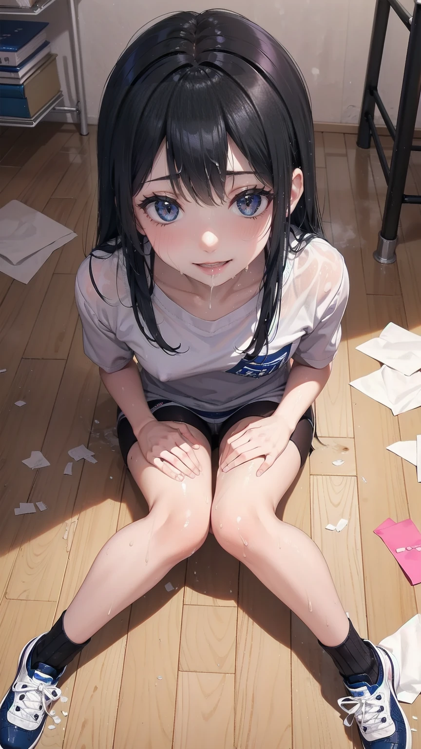 Alone, The whole body is covered in oilで光沢感がある　とても  beautiful girl 　ベッドに横たわる  beautiful girl 　  DYNAMIC POSE　  yogurt sauce spilled on the floor  　 tissue paper that fell to the floor ,　  crunchy tissue paper  ,  tissue paper that fell to the floor ,　Excessive sweat on the face ,Sweat dripping,  sit on the bed,　Dirty duvet　Very old gym mat , Gym Warehouse,　 lots of used tissue on the floor ,　crumpled trash scattered around..,　, 　 使用済みティッシュペーパーで  A Messy Room ,　 I almost cry　  Embarrassing  　  dim room　Hardwood Floors　 tiny rolls of used tissue scattered around 　The upper body is school&#39; Designated white gym uniform .,  blue sleeve 　Blue bloomer with lower body 　 bloomers that fit perfectly 　 university student 　  illustration style　  anime style  　Small lips　  beautiful girl 　Very cute clothes　 pink cheeks　  light purple hair　  blonde long hair 　 mucus all over body 　Super long sideburns　Rubber clothing　  headband 　  Pearlescent white silk tights that can be seen through when wet 　 white extra long boots 　  big eyes　Droopy eyes　  stylish lingerie  　  sweating a lot 　　  crunchy tissue paper  　 full body soaked from rain 　  steam coming out of the whole body 　 steam all over the screen .　 White Breath　Let me　The whole body is covered in oil　  evening  　  overall orange background  　Twilight Sun  全身図　full body fits on screen 　The whole body is covered in oilで光沢感がある　 tiny rolls of used tissue ripped off ,　 crusty tissue , torn used tissue on the floor ,　Excessive sweat on the face ,Sweat dripping,汚れた  sit on the bed,　Dirty bedding　Old gym mat , Gym Warehouse,　 lots of small scraps of paper on the floor .. ,　crumpled trash scattered around..,　Very dirty, 　  A Messy Room ,　[Scared　 I almost cry　  Embarrassing  　  dim room　Hardwood Floors　 used tissue scattered around 　とても  beautiful girl 　 university student 　  illustration style　  anime style  　Small lips　Scaredた顔　baby face　  beautiful girl 　Very cute clothes　 pink cheeks　  light purple hair　  blonde long hair 　 mucus all over body 　Super long sideburns　Rubber clothing　  headband 　  Pearlescent white silk tights that can be seen through when wet 　 white extra long boots 　  big eyes　Droopy eyes　Stern expression　  stylish lingerie  　  sweating a lot 　　  crunchy tissue paper  　 full body soaked from rain 　 tears flow from the edge of the mouth 　  steam coming out of the whole body 　 steam all over the screen .　 White Breath　Let me　The whole body is covered in oil　  evening  　  overall orange background  　Twilight Sun  　( lying beside the school classroom floor:1.2) shorts,  gloves,  thighs thighs , short  shorts,
