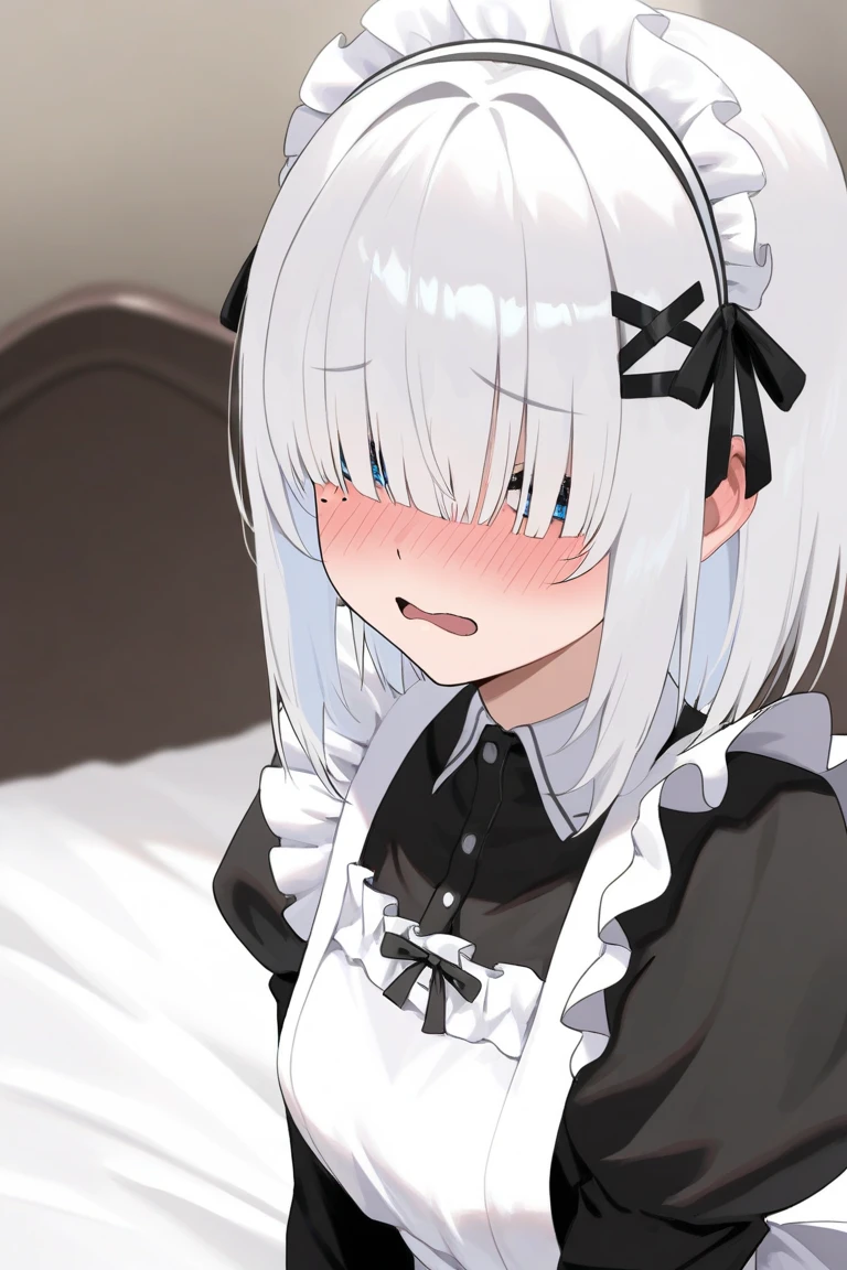 sitting on the bed and hide something white hair , hime cut, hair over eyes ,shiny hair ,medium hair , maid , maid headdress , x hair ornament ,mole under eyes , embarrassed , blush , panicking , accurate ,anatomically correct , super detail ,high detail,high quality,best quality,highest,1080P,HD,16k