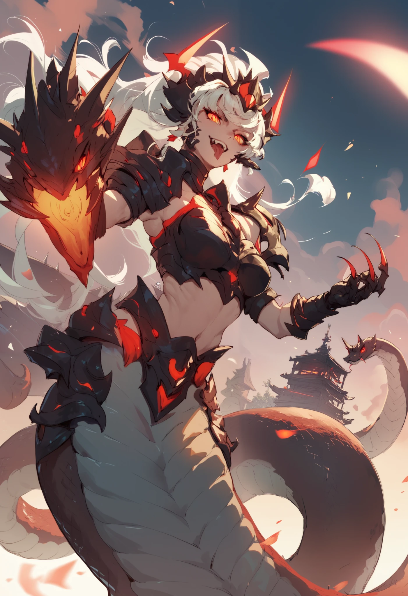 Lamia-style girl. Black snake body. Black straight hair. Straight bangs. Light armor. Spiky. Red glowing lines. Sharp claws. Cat pupils. Japanese-style architecture.