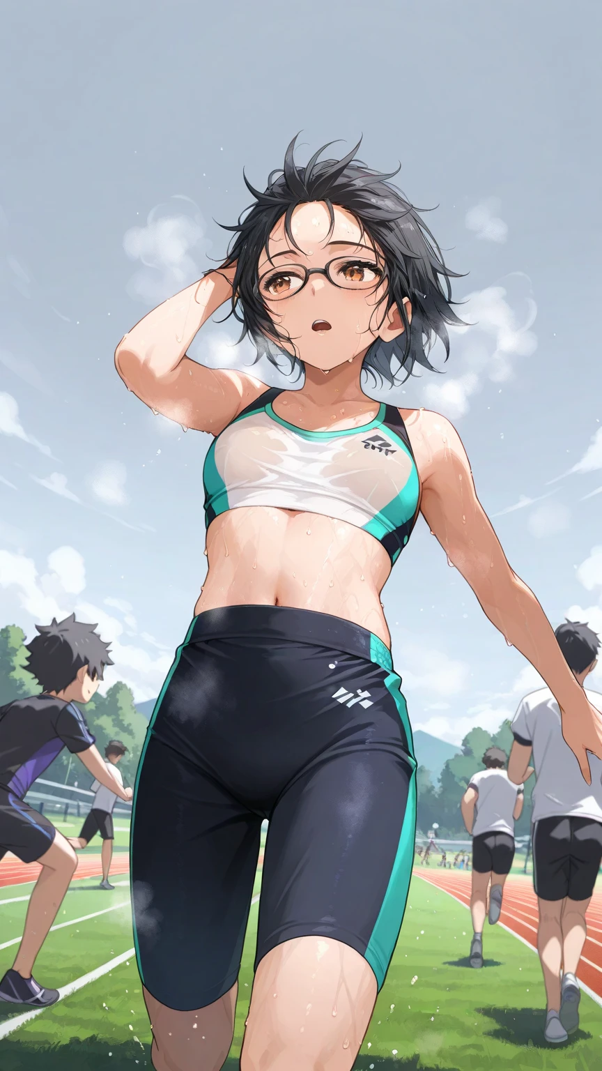 Black hair, glasses, marathon running, sweaty, steam coming off body