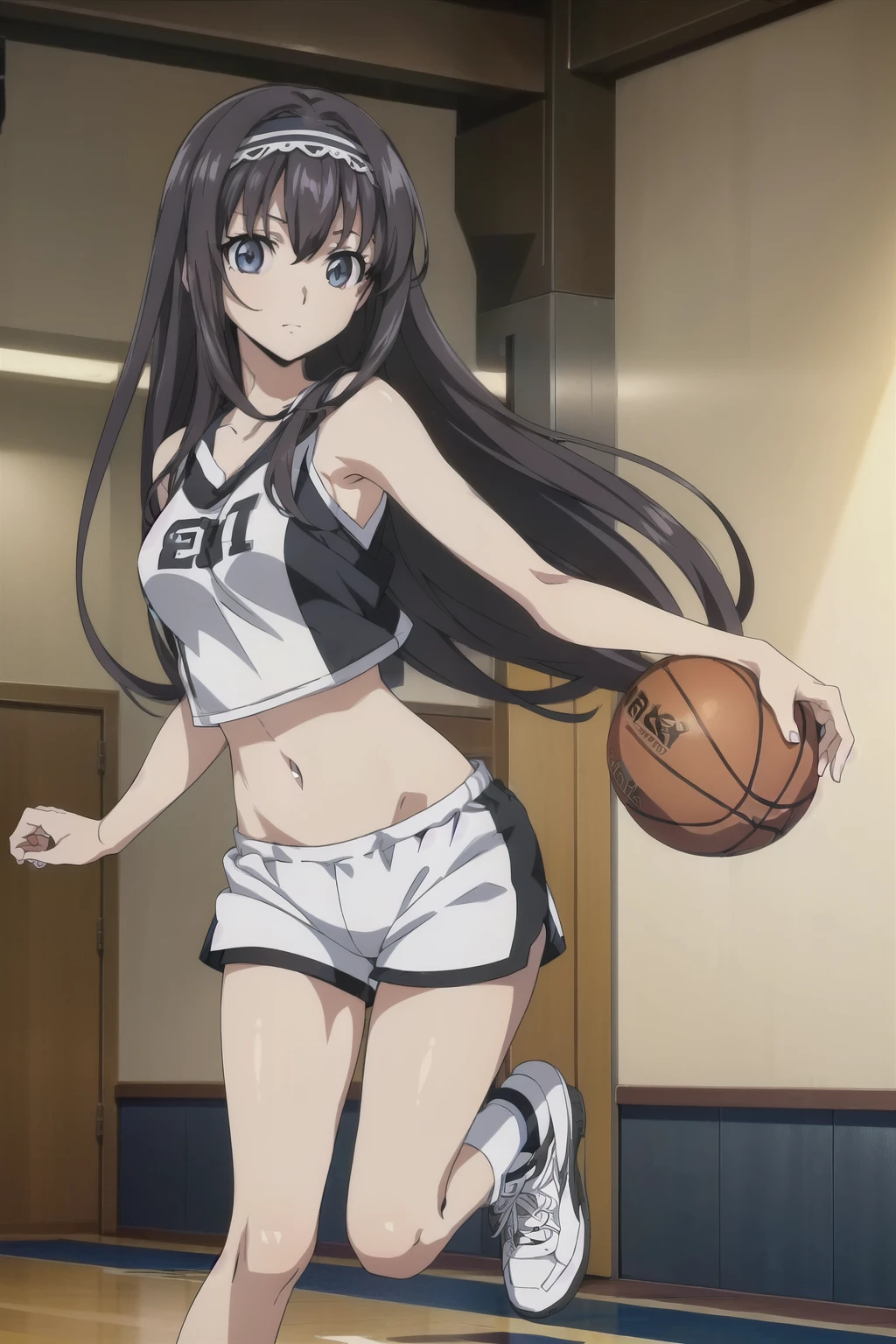 1 girl, cute, black hair, (hair band), masterpiece, (running), (black basketball uniform, shirtless/tank top/basketball uniform/shirt, shorts, dynamic movement, ball, sneakers), ((in the high school gym)), (anime cels style, Masterpiece, best quality, high resolution, anime colored, megami magazine:1.2, anime poster style, anime keyvisual, sharp, 8k, photorealistic), beautiful eyes, (perfect detailed anatomy, perfect arms, perfect fingers, beautiful face, perfect legs)