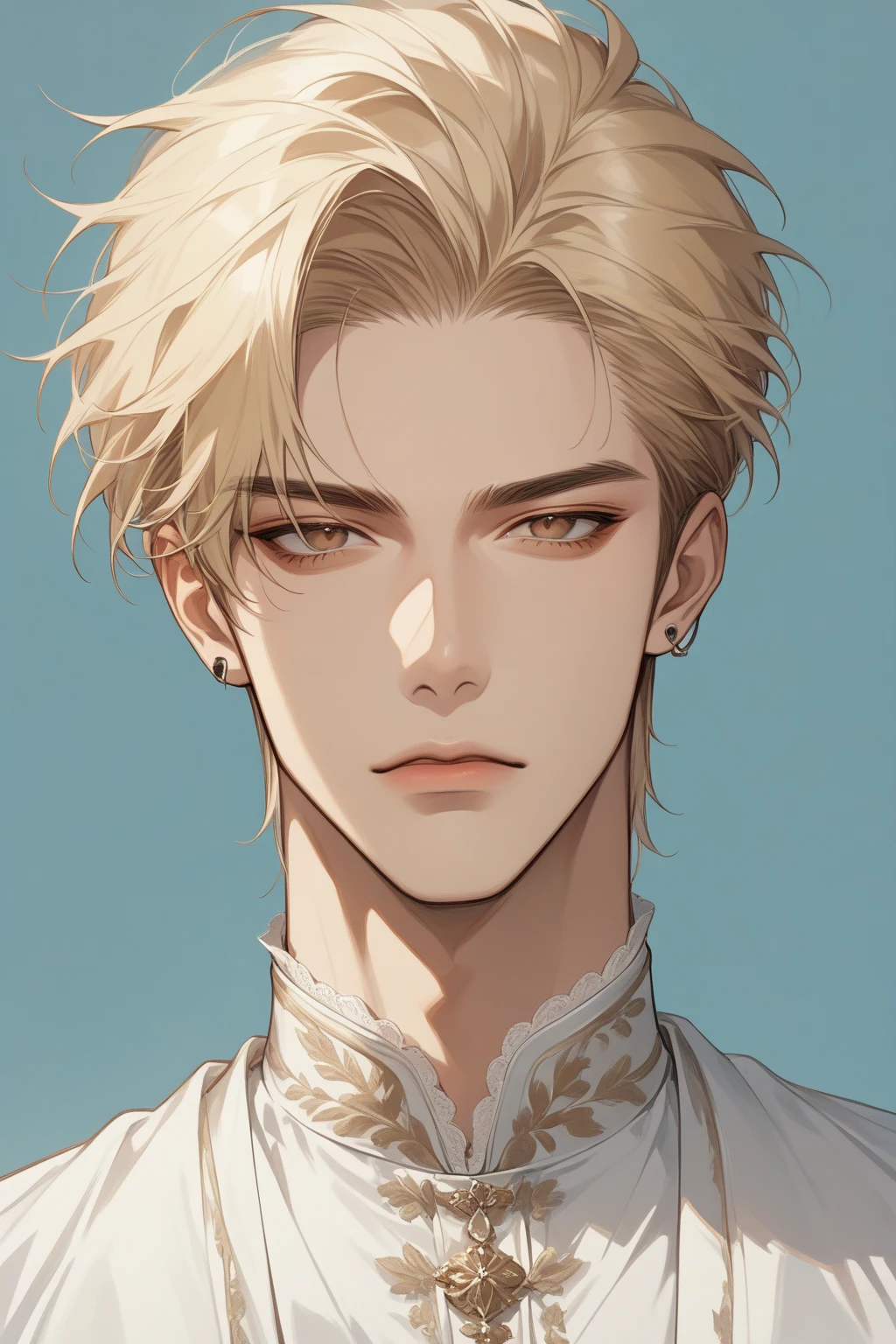 short hair, masterpiece, best quality, 1 man , blonde hair , perfect face , brown eye , handsome male , Alone, adult male , upper body , delicate line drawingimpasto, masterpiece, high resolution, Top quality, unique , 1 male , nice , tanned skin , blonde haired, villain