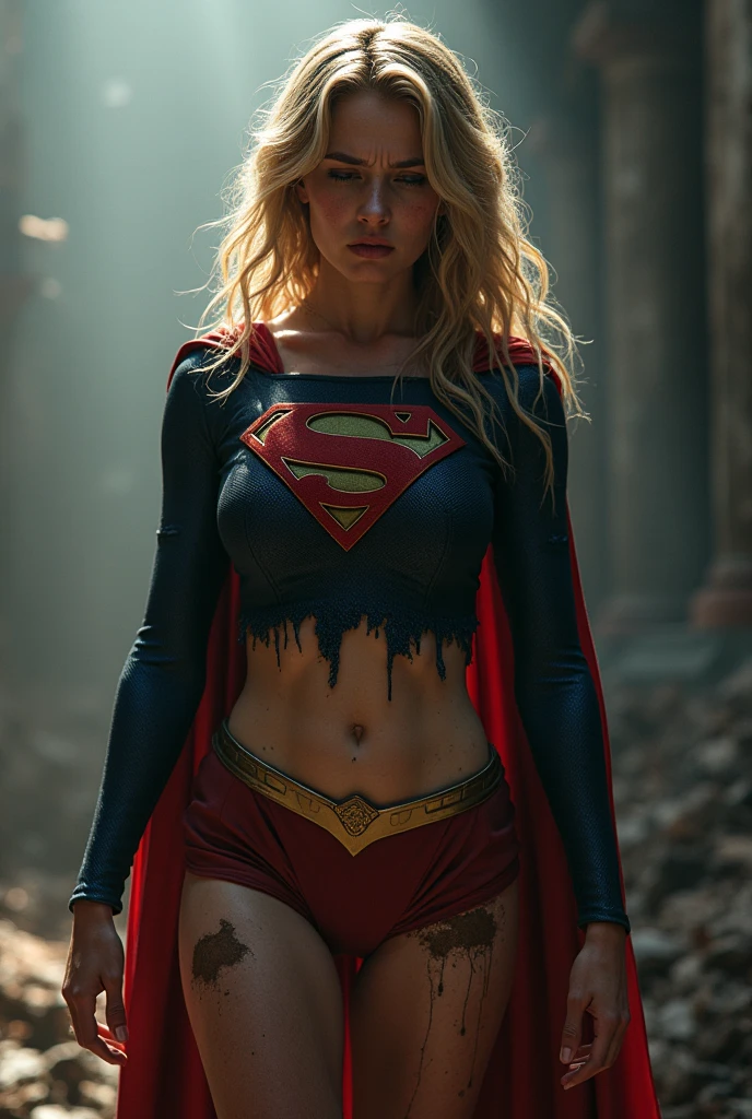 Melissa Benoist, 8k, (((NSFW))), Best quality, Real image, (((full body shot))), Intricate details, Ultra-detail, Ultra-high resolution, Depth field, (realistic, realistic: 1.2), Masterpiece, photo 1girl, Supergirl, injured, Superhero, realistic, Torn clothes, red suit, (dirty, Bruised, blood: 1.3), blue eyes, blonde, Long hair, serious, angry, only, ( Exposed torn clothes, Torn clothes: 1.3), Apocalyptic city background, Best quality, realistic, realism, (Complex details: 1.2), (Fine details), (Movie Light), Clear lines, sharp focus, Realistic face, Detailed beautiful face.