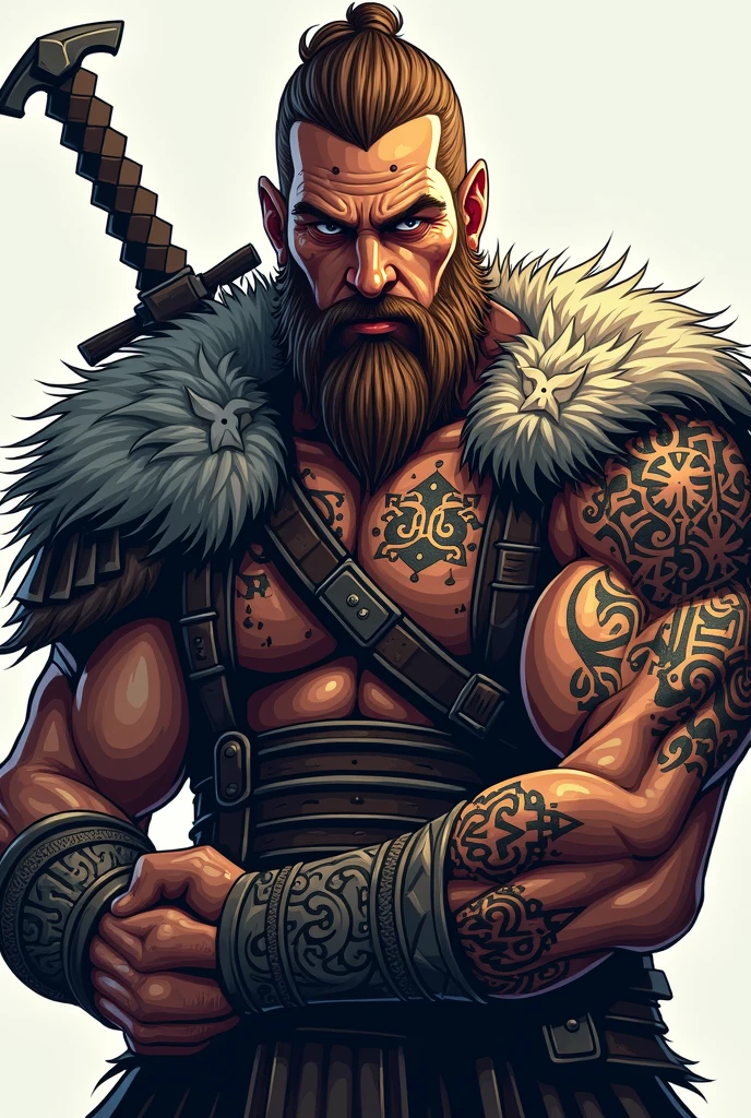 a drawing of a man with a beard and a tattoo on his arm, portrait of a viking, portrait of a dwarf warrior, painted portrait of rugged odin, berserker potrait, viking warrior illustration, fierce bearded dwarf, inspired by Johannes Helgeson, fur-clad barbarian goliath, dwarven, inspired by Jóhannes Sveinsson Kjarval