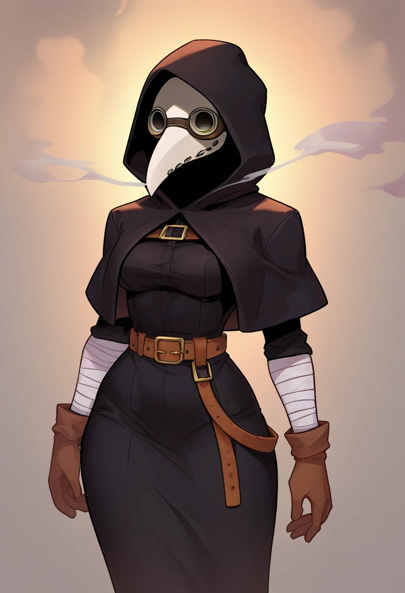 score_9, score_8_up, score_7_up, source_anime, solo, 1girl, plague doctor, mask, standing, hood down, black coat, capelet, gloves, dress , wide hips , goggles ,Belt  , Smoke in the background  ,Bandage 