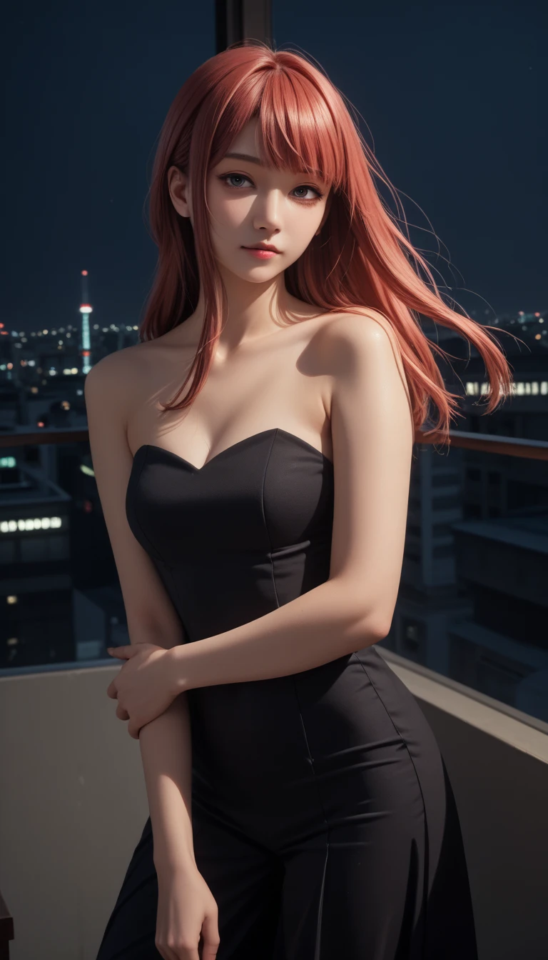 pretty japanese girl,       medium breasts, with healthy appearance ,  The expression would be    ,     tight clothing  , Bold pose, ,          high quality, 8k,            realistic photo         ,           dramatic lighting     ,            vivid colors           ,(           masterpiece           ,             top quality           ,  :1.2),  (         Tokyo scene illuminated at night        ), (Alone:1.4), (             Elegant and cool          ),            Bright neon details            :1.3), (    :1.1) ,             Confident and relaxed poses              :1.3)   , (           dynamic lighting           ,   Strong contrast, makima personagem de chainsawman,           long hair   ,        light red hair ,     tight clothing sexy .
