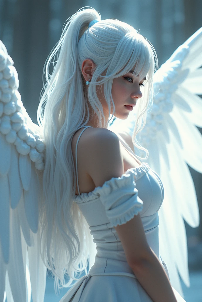 Best image quality, perfect masterpiece, super high resolution, 1.4x realism, cinematic lighting, sense of sacredness, an angel girl wearing a white dress, silver hair, a halo on her head, floating in Christ's paradise, sunny, face lit, holy light surrounding, applying the Tyndall effect, prayer pose. At the same time, angels flew in the air, extreme light and shadow, and hair fluttered in the wind.