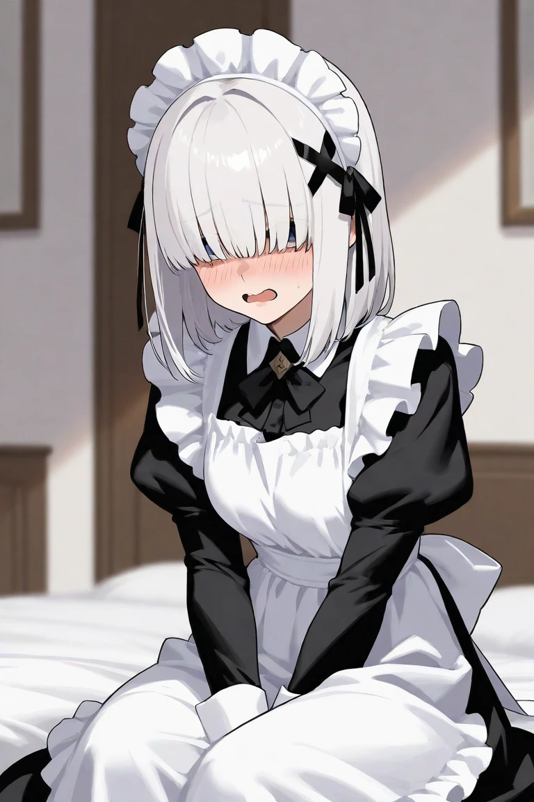 sitting on the bed and hide something white hair , hime cut, hair over eyes ,shiny hair ,medium hair , maid , maid headdress , x hair ornament ,mole under eyes , embarrassed , blush , panicking , accurate ,anatomically correct , super detail ,high detail,high quality,best quality,highest,1080P,HD,16k