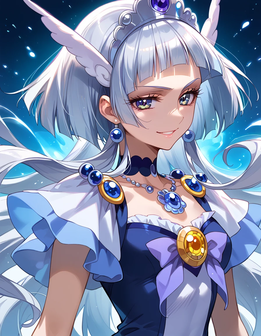   detailed background,  pubic skin ,   pose, rating safe,   Half Open Eyes , enchanting evil smile    , Cure Beauty ,,(   Very beautiful anime style:1.2),(   Silver Hair),(  Evil Aura  :1.2)