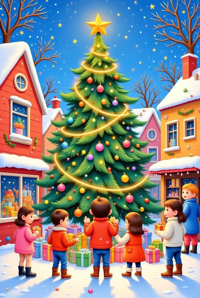  people standing in front of a Christmas tree holding presents, an illustration of by senior artist, shutterstock, Simple Art, Festive atmosphere,  A bustling magical town , artwork, Santa&#39;s Workshop, official illustration, Festive, a beautiful artwork illustration,  hidden object picture , illustration!, 送礼物给人们,  detailed scene ,   holiday season  , 彩色市场摊位, Warm and joyful atmosphere