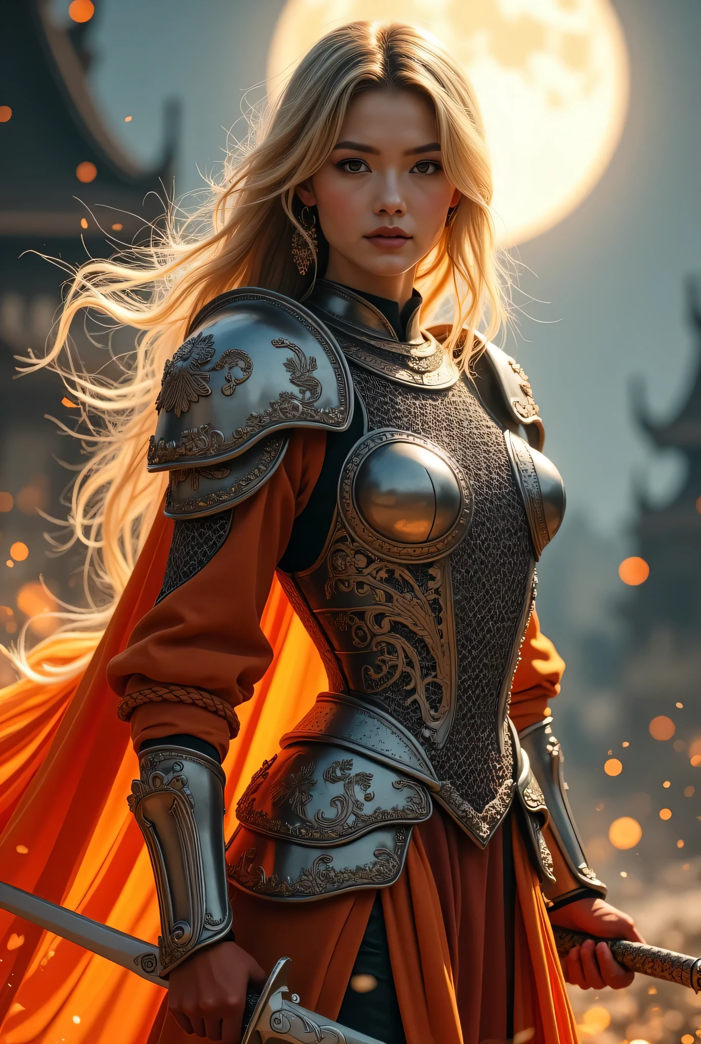 (8k,    top quality, masterpiece), (   realistic   , photo   realistic   : 1.37),    super detailed ,      One Girl    , {   Phoenix Knight  }, ,    Big Bouncing Breasts     ,   Extremely delicate depiction   ,     Miniature paint      , Intricately patterned chain armor combining realistic and fantastic elements   ,    correct skeleton,      Wear Intricate Patterned Chain Armor ,  Braided Embellished Chain Armor   ,  Hold a decorated sword 、Like a dream,Super  realistic  mixed fantasy world ,    combination of  realistic  and fantastic elements ( Swirling Fire Cloak :1)、  staring at the camera 、 Bask in the Moonlight 