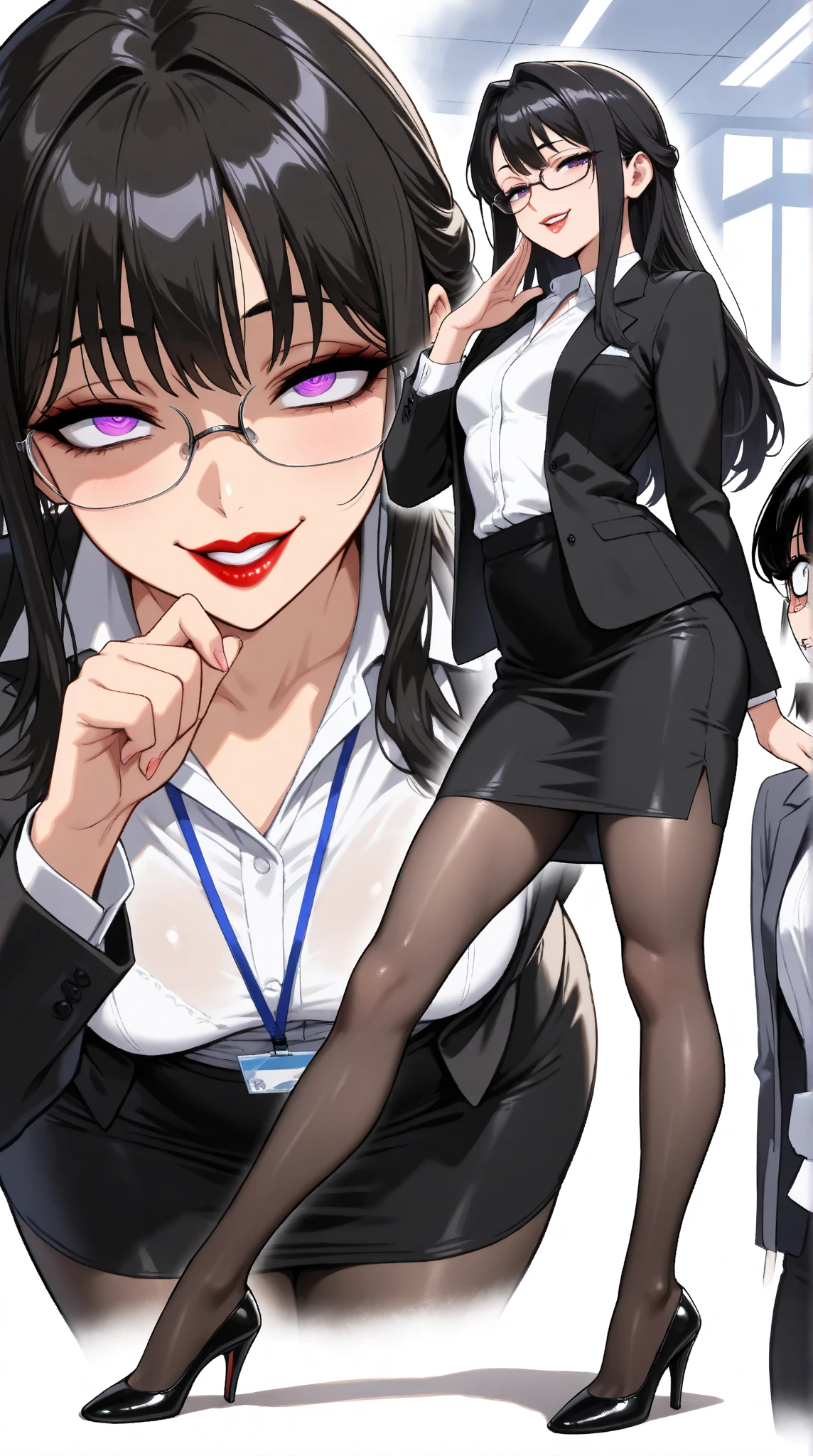  1 mature beautiful woman ,1 person,(masterpiece:1.3, top quality :1.3, very detailed depiction:1.3, incredible high resolution:1.3,High quality anime drawings),( office lady with straight black hair,An excellent female secretary,Villainess,Glasses),( business suit, tight skirt , formal shirt to accumulate strength, black tights, Luxurious Accessory , high heels),(Purple Eyes, Crazy Eyes , half-closed eyes:1.5, small breasts, wicked smile, glossy red lips ,Seductive gestures,Beautiful legs, healthy legs,Curvaceous Body,High quality skin),Full body images:1.3,