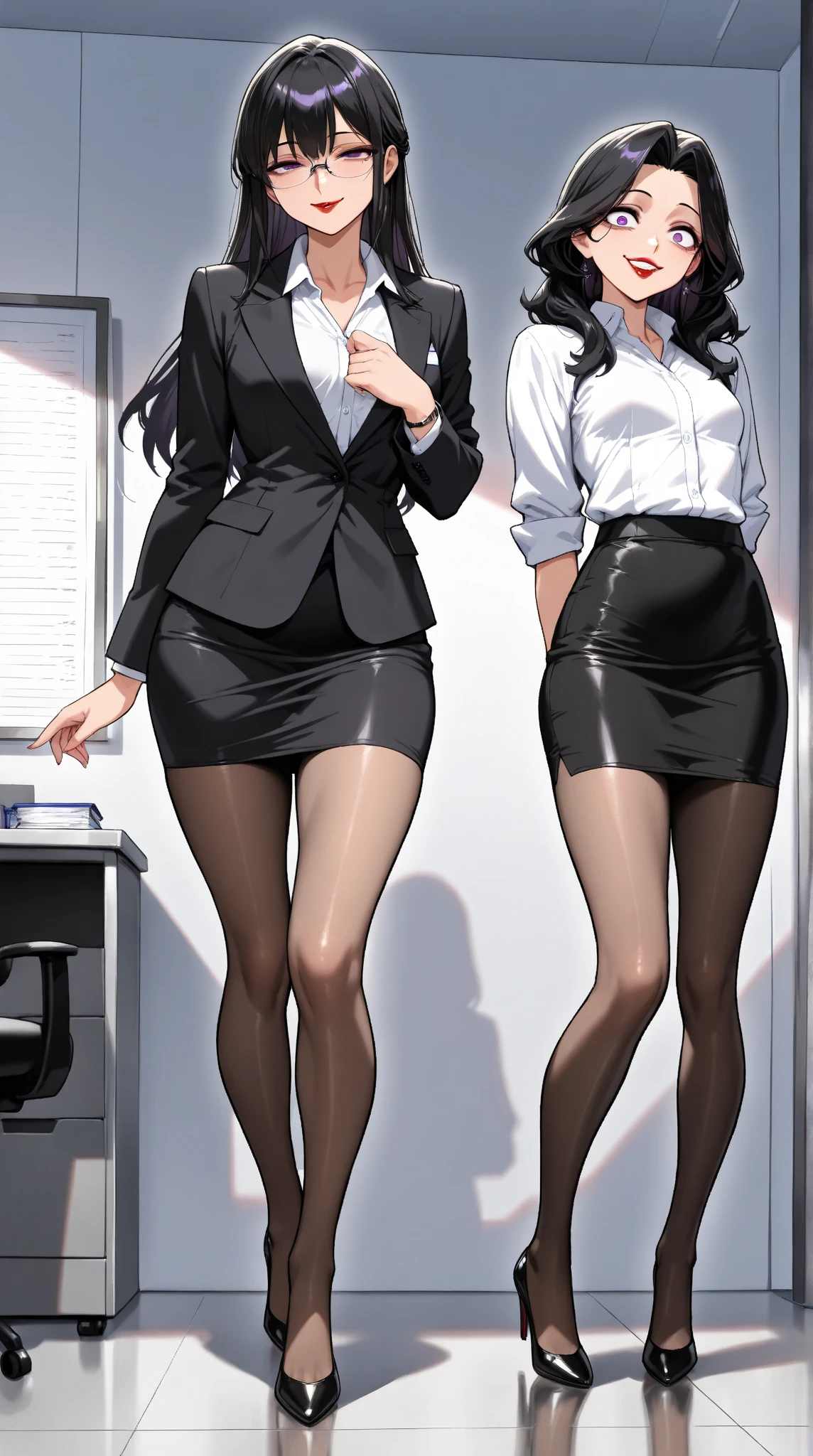  1 mature beautiful woman ,1 person,(masterpiece:1.3, top quality :1.3, very detailed depiction:1.3, incredible high resolution:1.3,High quality anime drawings),( office lady with straight black hair,An excellent female secretary,Villainess,Glasses),( business suit, tight skirt , formal shirt to accumulate strength, black tights, Luxurious Accessory , high heels),(Purple Eyes, Crazy Eyes , half-closed eyes:1.5, small breasts, wicked smile, glossy red lips ,Seductive gestures,Beautiful legs, healthy legs,Curvaceous Body,High quality skin),Full body images:1.3,