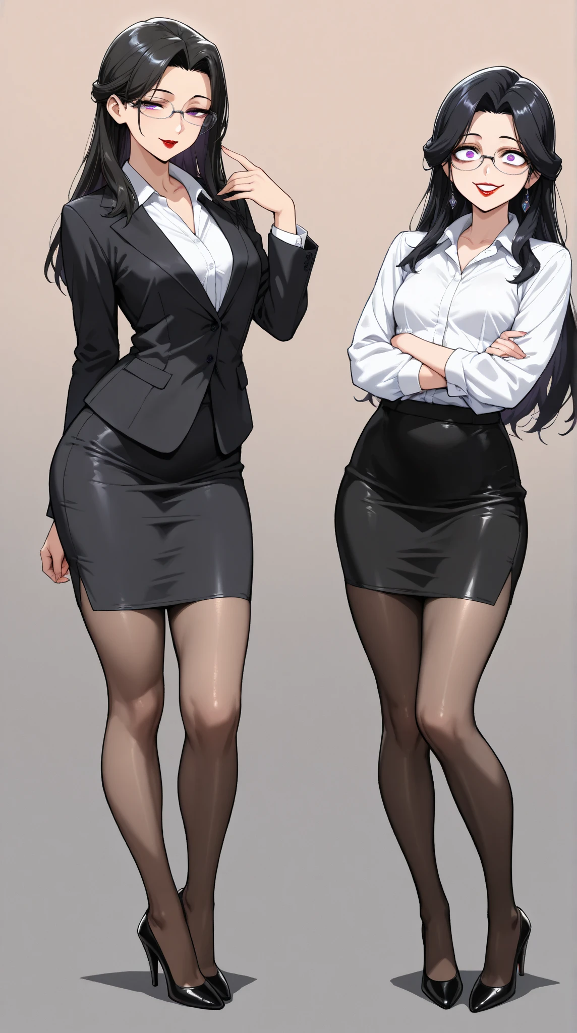  1 mature beautiful woman ,1 person,(masterpiece:1.3, top quality :1.3, very detailed depiction:1.3, incredible high resolution:1.3,High quality anime drawings),( office lady with straight black hair,An excellent female secretary,Villainess,Glasses),( business suit, tight skirt , formal shirt to accumulate strength, black tights, Luxurious Accessory , high heels),(Purple Eyes, Crazy Eyes , half-closed eyes:1.5, small breasts, wicked smile, glossy red lips ,Seductive gestures,Beautiful legs, healthy legs,Curvaceous Body,High quality skin),Full body images:1.3,