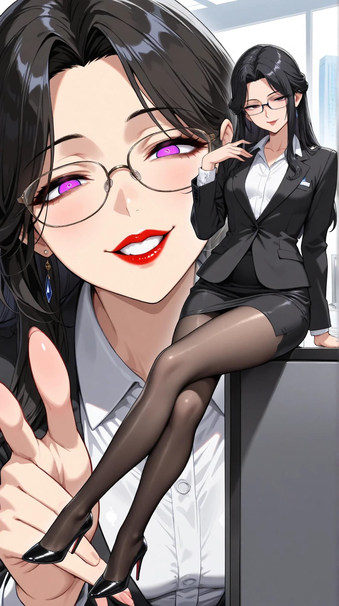  1 mature beautiful woman ,1 person,(masterpiece:1.3, top quality :1.3, very detailed depiction:1.3, incredible high resolution:1.3,High quality anime drawings),( office lady with straight black hair,An excellent female secretary,Villainess,Glasses),( business suit, tight skirt , formal shirt to accumulate strength, black tights, Luxurious Accessory , high heels),(Purple Eyes, Crazy Eyes , half-closed eyes:1.5, small breasts, wicked smile, glossy red lips ,Seductive gestures,Beautiful legs, healthy legs,Curvaceous Body,High quality skin),Full body images:1.3,