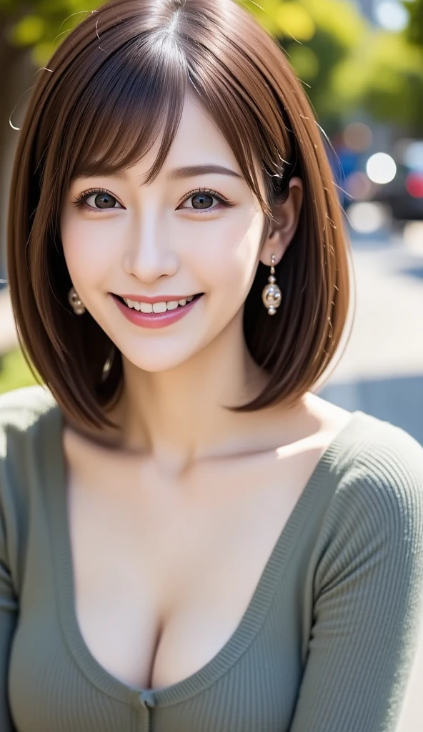 12Ｋ、ＨＤＲ、   Japanese  、  bits deep 10 bits 、   clevis on a stone,  (   realistic  ) ,   (photo  realistic   :1.4), masterpiece,       Very Delicate and Beautiful   ,  very detailed bust,smile、(  light brown hair  )、 women who radiate adult appeal  、クリアホワイトスキン  、    happy face、((( White teeth are visible)))、   random hairstyle   、 a luxurious necklace  、  gorgeous earrings  、Random outfit、  light brown eyes、  random pose to take a picture of the front 、 looks at the audience and smiles 、In the park、With a wide-angle lens、((( hair is shaking a lot in the wind)))、Face photo,Dazzling sunlight、