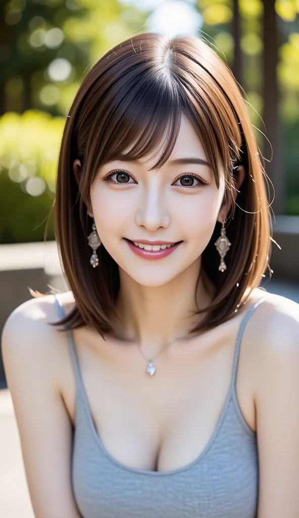 12Ｋ、ＨＤＲ、   Japanese  、  bits deep 10 bits 、   clevis on a stone,  (   realistic  ) ,   (photo  realistic   :1.4), masterpiece,       Very Delicate and Beautiful   ,  very detailed bust,smile、(  light brown hair  )、 women who radiate adult appeal  、クリアホワイトスキン  、    happy face、((( White teeth are visible)))、   random hairstyle   、 a luxurious necklace  、  gorgeous earrings  、Random outfit、  light brown eyes、  random pose to take a picture of the front 、 looks at the audience and smiles 、In the park、With a wide-angle lens、((( hair is shaking a lot in the wind)))、Face photo,Dazzling sunlight、