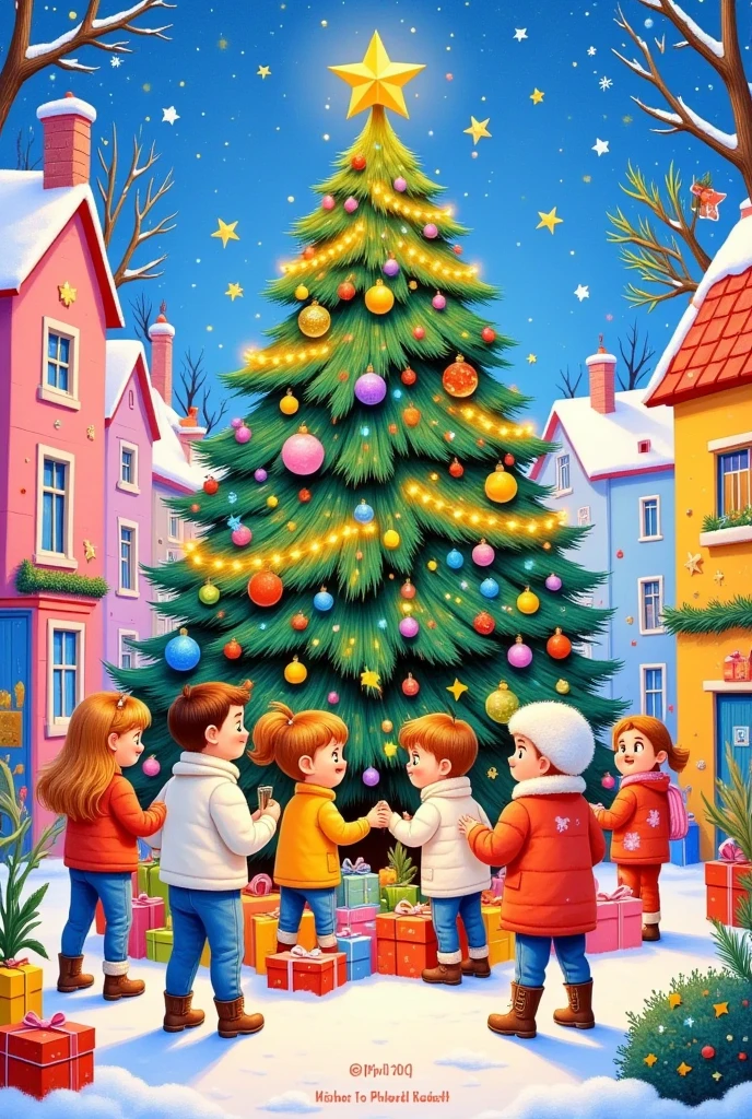  people standing in front of a Christmas tree holding presents, an illustration of by senior artist, shutterstock, Simple Art, Festive atmosphere,  A bustling magical town , artwork, Santa&#39;s Workshop, official illustration, Festive, a beautiful artwork illustration,  hidden object picture , illustration!, 送礼物给人们,  detailed scene ,   holiday season  , 彩色市场摊位, Warm and joyful atmosphere