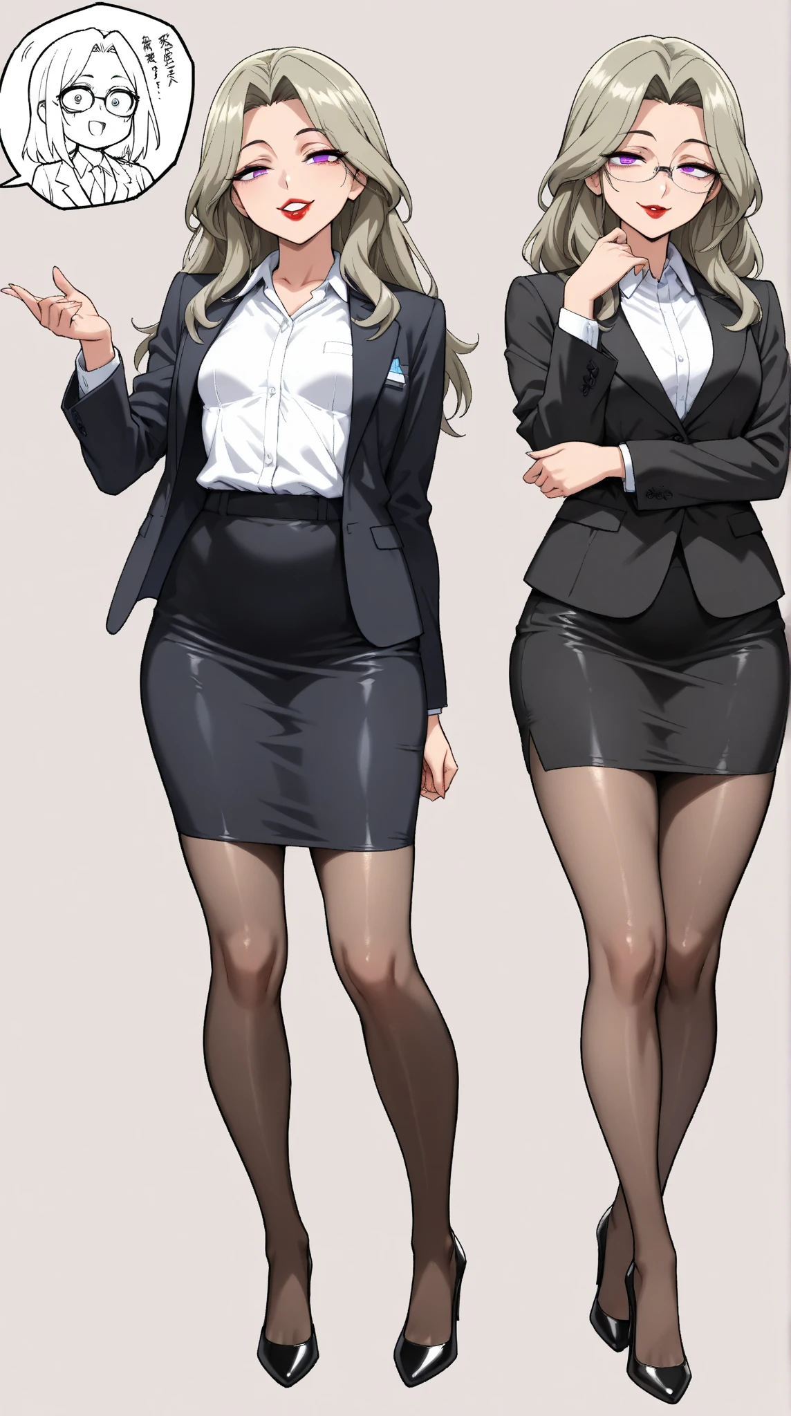  1 mature beautiful woman ,1 person,(masterpiece:1.3, top quality :1.3, very detailed depiction:1.3, incredible high resolution:1.3,High quality anime drawings),( office lady with straight black hair,An excellent female secretary,Villainess,Glasses),( business suit, tight skirt , formal shirt to accumulate strength, black tights, Luxurious Accessory , high heels),(Purple Eyes, Crazy Eyes , half-closed eyes:1.5, small breasts, wicked smile, glossy red lips ,Seductive gestures,Beautiful legs, healthy legs,Curvaceous Body,High quality skin),Full body images:1.3,