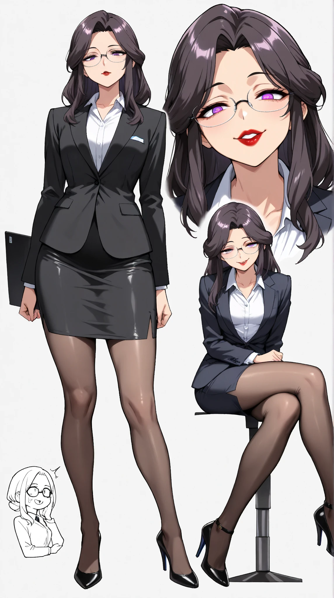  1 mature beautiful woman ,1 person,(masterpiece:1.3, top quality :1.3, very detailed depiction:1.3, incredible high resolution:1.3,High quality anime drawings),( office lady with straight black hair,An excellent female secretary,Villainess,Glasses),( business suit, tight skirt , formal shirt to accumulate strength, black tights, Luxurious Accessory , high heels),(Purple Eyes, Crazy Eyes , half-closed eyes:1.5, small breasts, wicked smile, glossy red lips ,Seductive gestures,Beautiful legs, healthy legs,Curvaceous Body,High quality skin),Full body images:1.3,