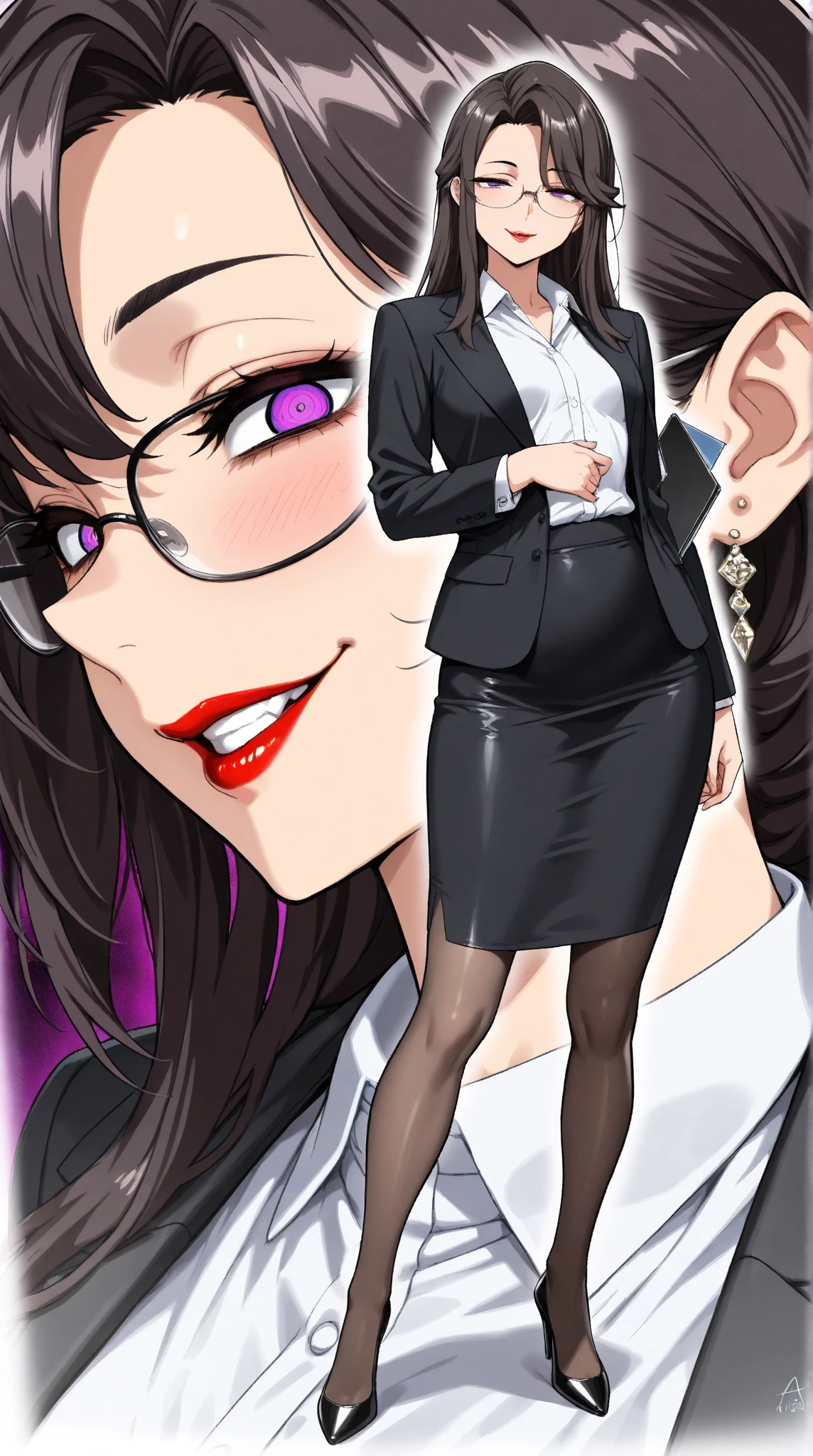  1 mature beautiful woman ,1 person,(masterpiece:1.3, top quality :1.3, very detailed depiction:1.3, incredible high resolution:1.3,High quality anime drawings),( office lady with straight black hair,An excellent female secretary,Villainess,Glasses),( business suit, tight skirt , formal shirt to accumulate strength, black tights, Luxurious Accessory , high heels),(Purple Eyes, Crazy Eyes , half-closed eyes:1.5, small breasts, wicked smile, glossy red lips ,Seductive gestures,Beautiful legs, healthy legs,Curvaceous Body,High quality skin),Full body images:1.3,