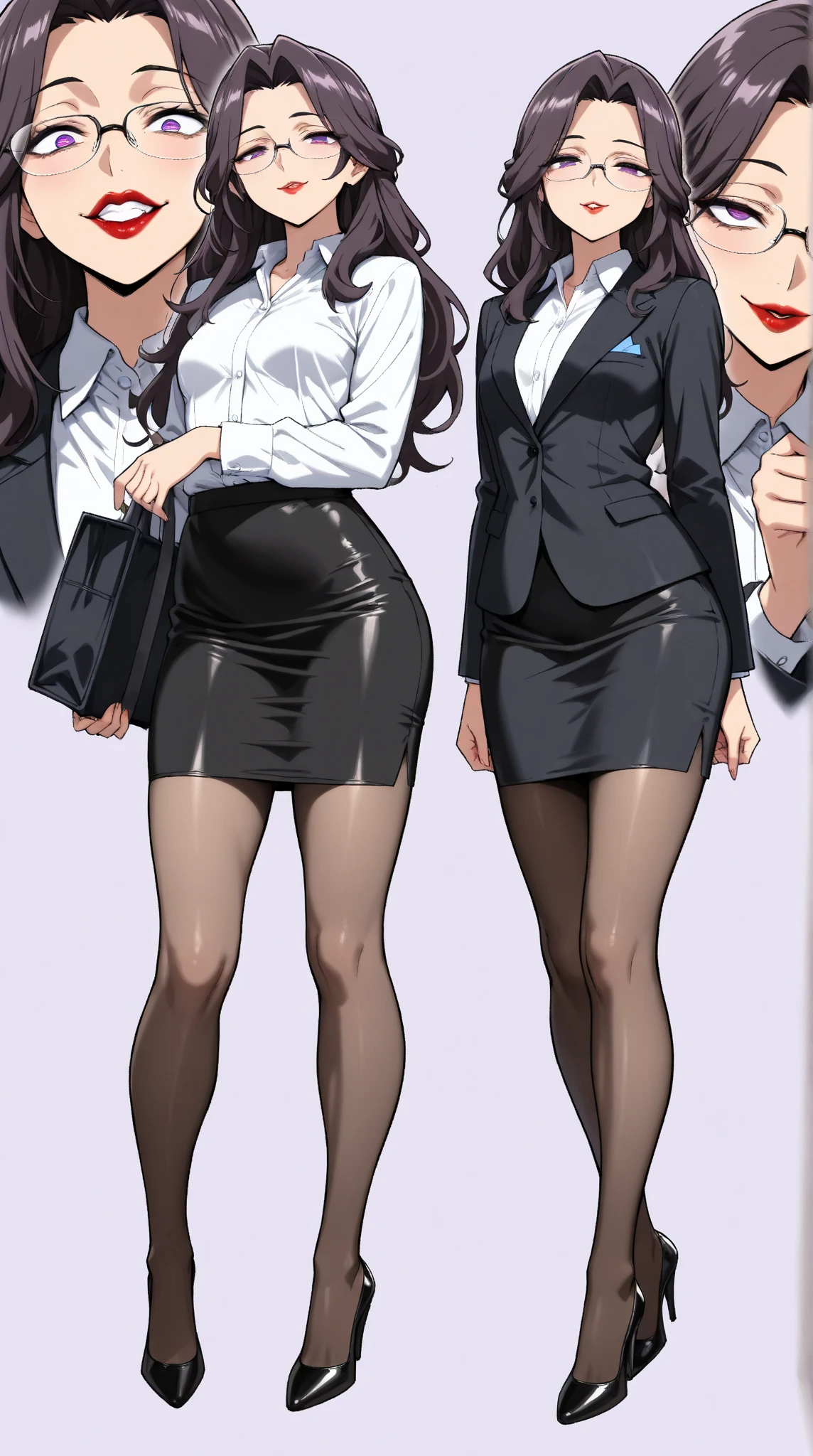  1 mature beautiful woman ,1 person,(masterpiece:1.3, top quality :1.3, very detailed depiction:1.3, incredible high resolution:1.3,High quality anime drawings),( office lady with straight black hair,An excellent female secretary,Villainess,Glasses),( business suit, tight skirt , formal shirt to accumulate strength, black tights, Luxurious Accessory , high heels),(Purple Eyes, Crazy Eyes , half-closed eyes:1.5, small breasts, wicked smile, glossy red lips ,Seductive gestures,Beautiful legs, healthy legs,Curvaceous Body,High quality skin),Full body images:1.3,