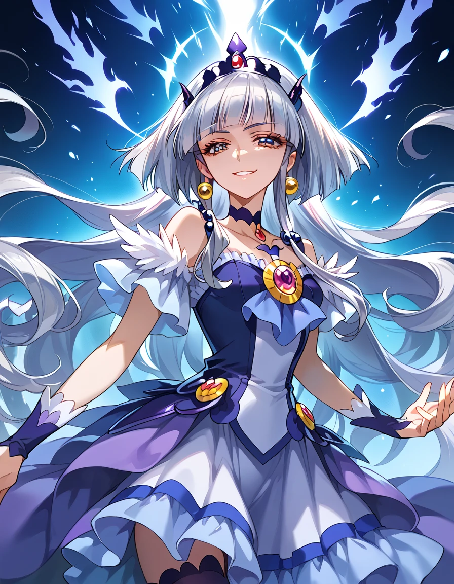   detailed background,  pubic skin ,   pose, rating safe,   Half Open Eyes , enchanting evil smile    , Cure Beauty ,,(   Very beautiful anime style:1.2),(   Silver Hair),(  Evil Aura  :1.2),  cowboy shot showing shoulders, (  Evil Smiles :1.2),(In research facilities:1.6), 