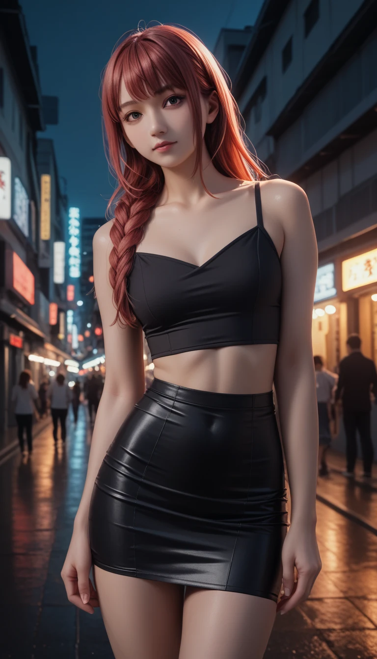 pretty japanese girl,        medium breasts, with healthy appearance ,  The expression would be     ,     tight clothes  , Bold pose, ,           high quality, 8k,             realistic photo          ,            dramatic lighting      ,             vivid colors            ,(            masterpiece            ,              top quality            ,  :1.2),  (         Tokyo scene illuminated at night        ), (Alone:1.4), (              Elegant and cool           ),             Bright neon details             :1.3), (    :1.1) ,              Confident and relaxed poses               :1.3)   , (            dynamic lighting            ,   Strong contrast, makima personagem de chainsawman,             long hair   ,         light red hair ,     tight clothes sexy, tight short skirt, top,
