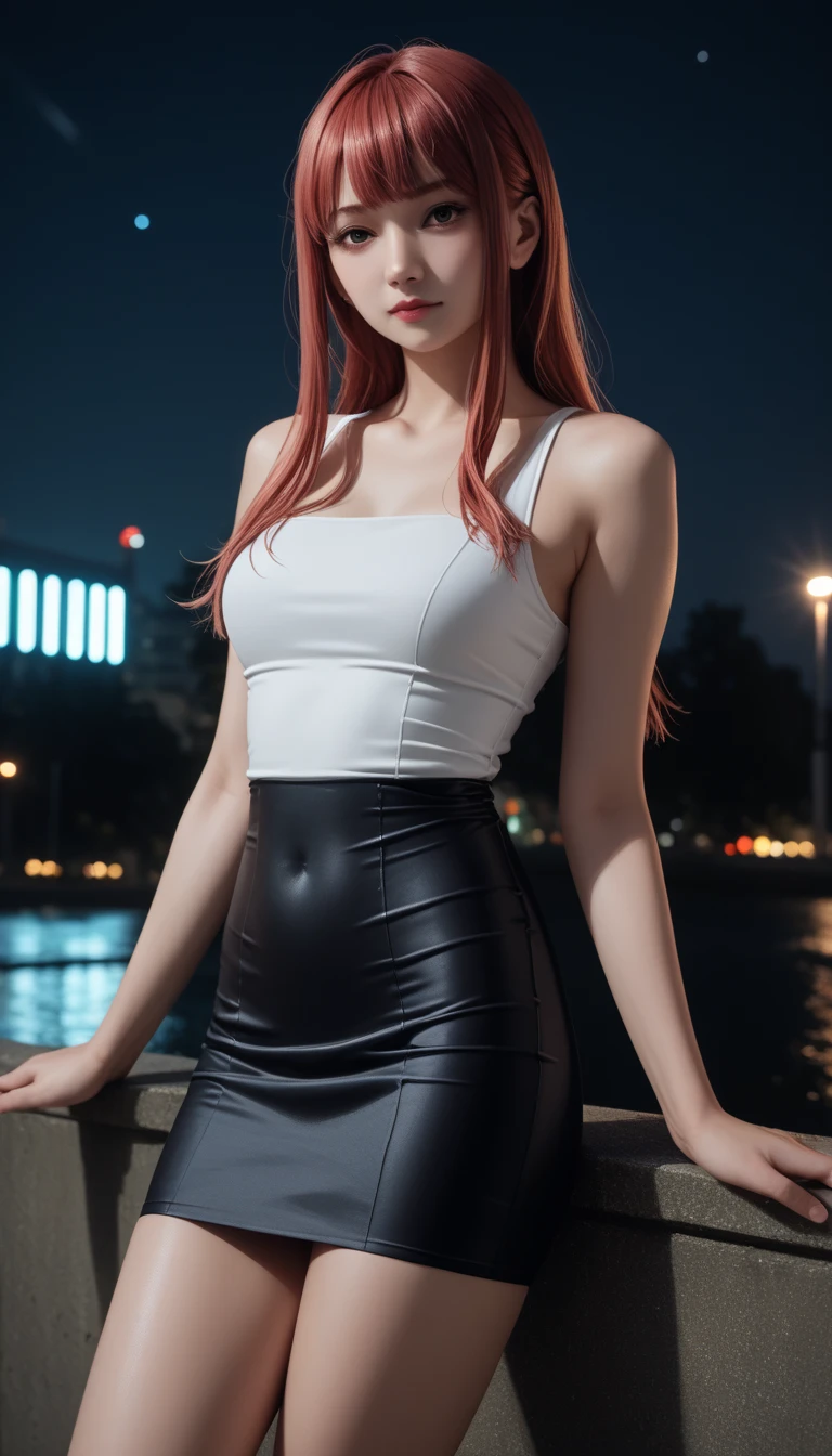 pretty japanese girl,        medium breasts, with healthy appearance ,  The expression would be     ,     tight clothes  , Bold pose, ,           high quality, 8k,             realistic photo          ,            dramatic lighting      ,             vivid colors            ,(            masterpiece            ,              top quality            ,  :1.2),  (         Tokyo scene illuminated at night        ), (Alone:1.4), (              Elegant and cool           ),             Bright neon details             :1.3), (    :1.1) ,              Confident and relaxed poses               :1.3)   , (            dynamic lighting            ,   Strong contrast, makima personagem de chainsawman,             long hair   ,         light red hair ,     tight clothes sexy, tight short skirt, top,
