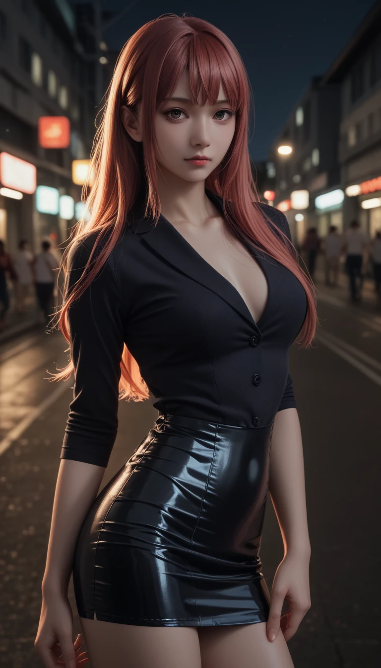 pretty japanese girl,        medium breasts, with healthy appearance ,  The expression would be     ,     tight clothes  , Bold pose, ,           high quality, 8k,             realistic photo          ,            dramatic lighting      ,             vivid colors            ,(            masterpiece            ,              top quality            ,  :1.2),  (         Tokyo scene illuminated at night        ), (Alone:1.4), (              Elegant and cool           ),             Bright neon details             :1.3), (    :1.1) ,              Confident and relaxed poses               :1.3)   , (            dynamic lighting            ,   Strong contrast, makima personagem de chainsawman,             long hair   ,         light red hair ,     tight clothes sexy, tight short skirt, top,
