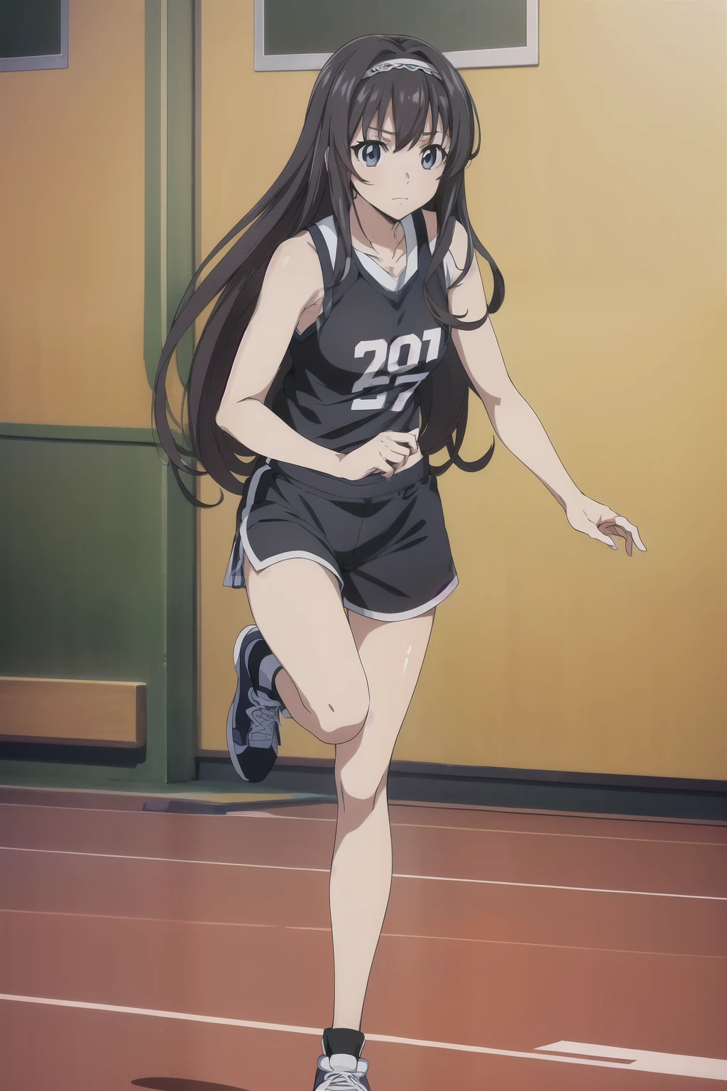 1 girl, cute, black hair, (hair band), masterpiece, (running), (black basketball uniform, tank top/basketball uniform/half pants, dynamic movement, ball, sneakers), ((in the high school gym)), (anime cels style, Masterpiece, best quality, high resolution, anime colored, megami magazine:1.2, anime poster style, anime keyvisual, sharp, 8k, photorealistic), beautiful eyes, (perfect detailed anatomy, perfect arms, perfect fingers, beautiful face, perfect legs)