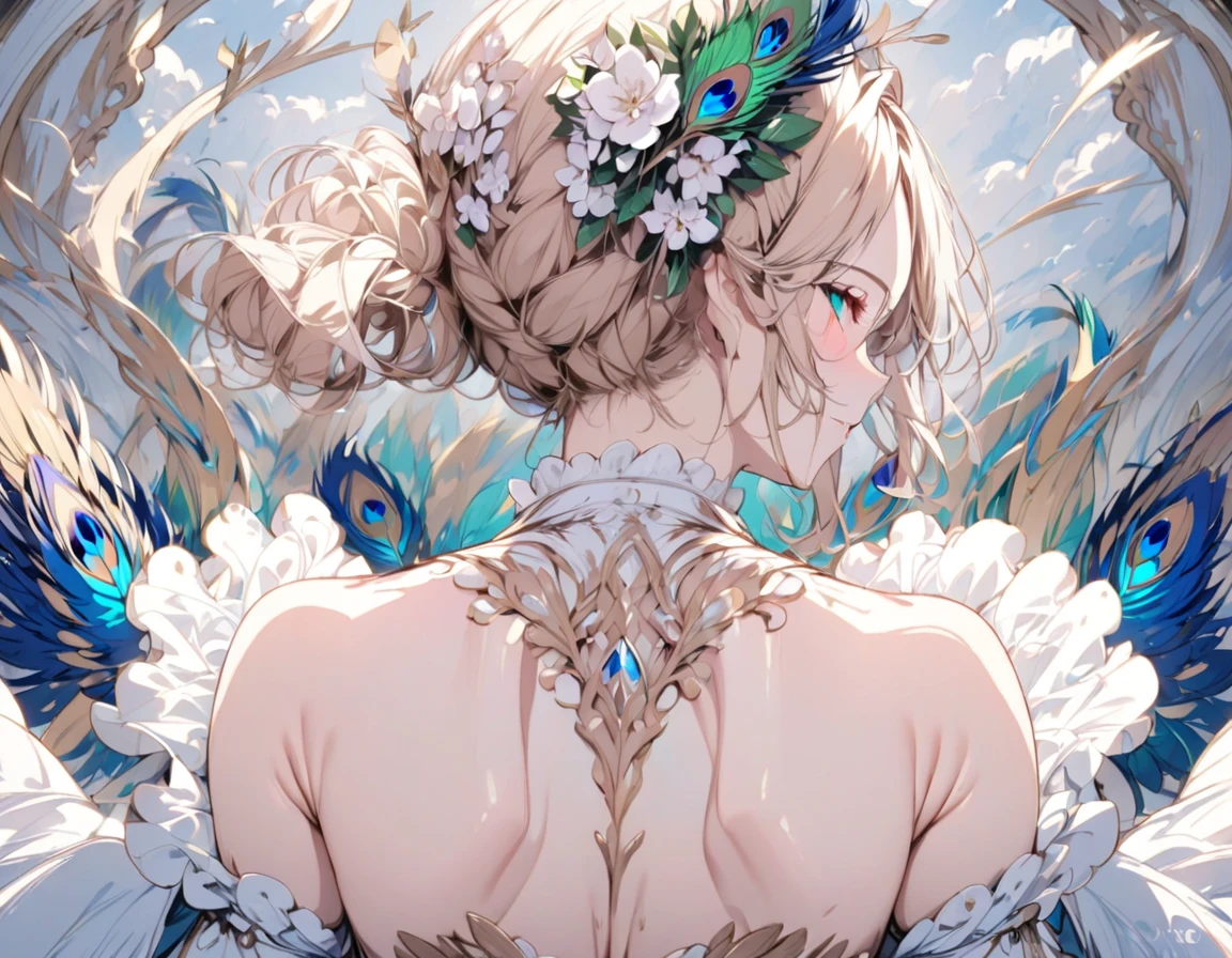 (((Best quality, 8k, Masterpiece: 1.3)), ((best quality)), ((masterpiece)), (detailed), perfect face, (detailed skin:1.3), Girl with peacock feathers on her back, Peacock feathers spread wide