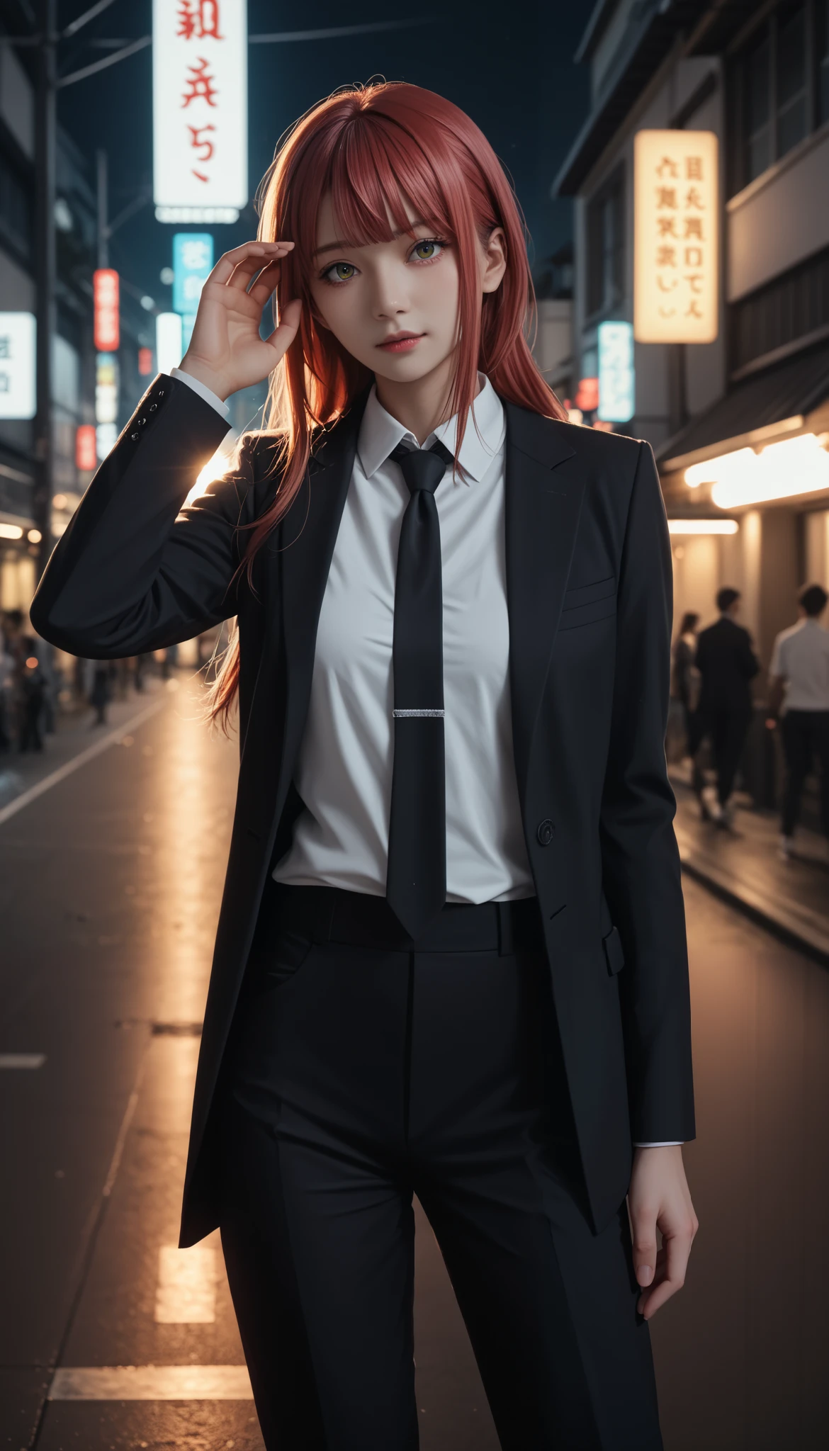 pretty japanese girl,      medium breasts, with healthy appearance ,  The expression would be   ,    tight clothes  , Bold pose, ,         high quality, 8k,           realistic photo        ,          dramatic lighting    ,           vivid colors          ,(          masterpiece          ,            top quality          ,  :1.2),  (         Tokyo scene illuminated at night        ), (Alone:1.4), (            Elegant and cool         ),           Bright neon details           :1.3), (    :1.1) ,            Confident and relaxed poses             :1.3)   , (          dynamic lighting          ,   Strong contrast, makima personagem de chainsawman,         long hair   ,       light red hair , white shirt , black tie,      black pants      ,   black suit,    scare clothes .
