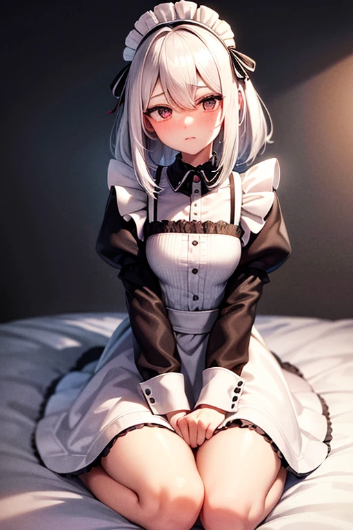 sitting on the bed and hide something white hair , hime cut, hair over eyes ,shiny hair ,medium hair , maid , maid headdress , x hair ornament ,mole under eyes , embarrassed , blush , panicking , accurate ,anatomically correct , super detail ,high detail,high quality,best quality,highest,1080P,HD,16k