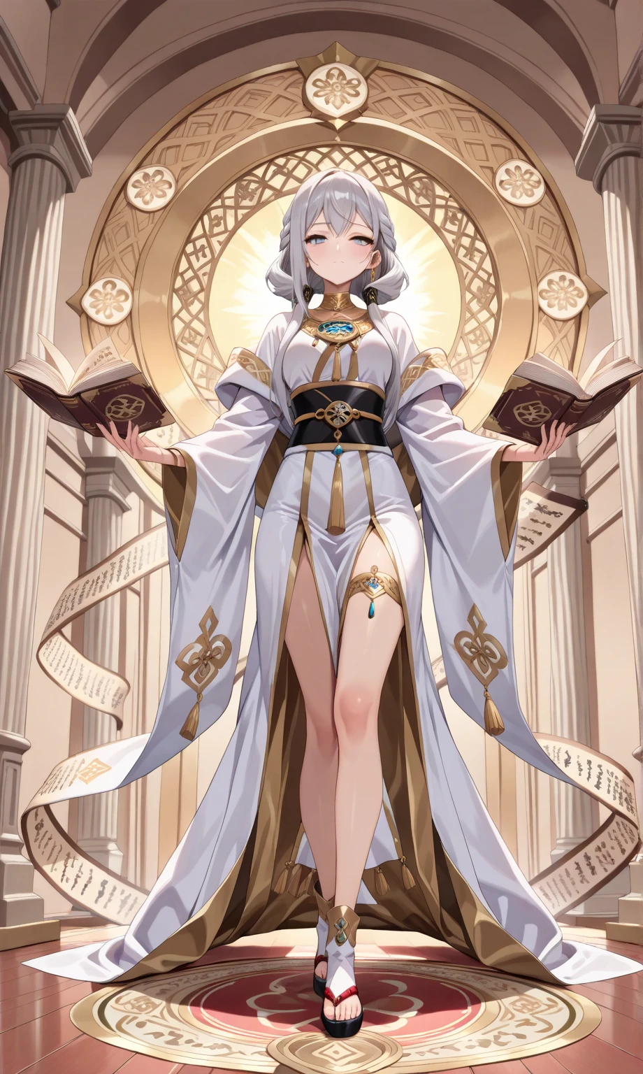 (priestess),naked apron,complex, perfect lighting, 1girl, looking at viewer, smile, snulight,bight,glowing(masterpiece), (best quality)<lora:AngelicWarriors_v1:0.7>