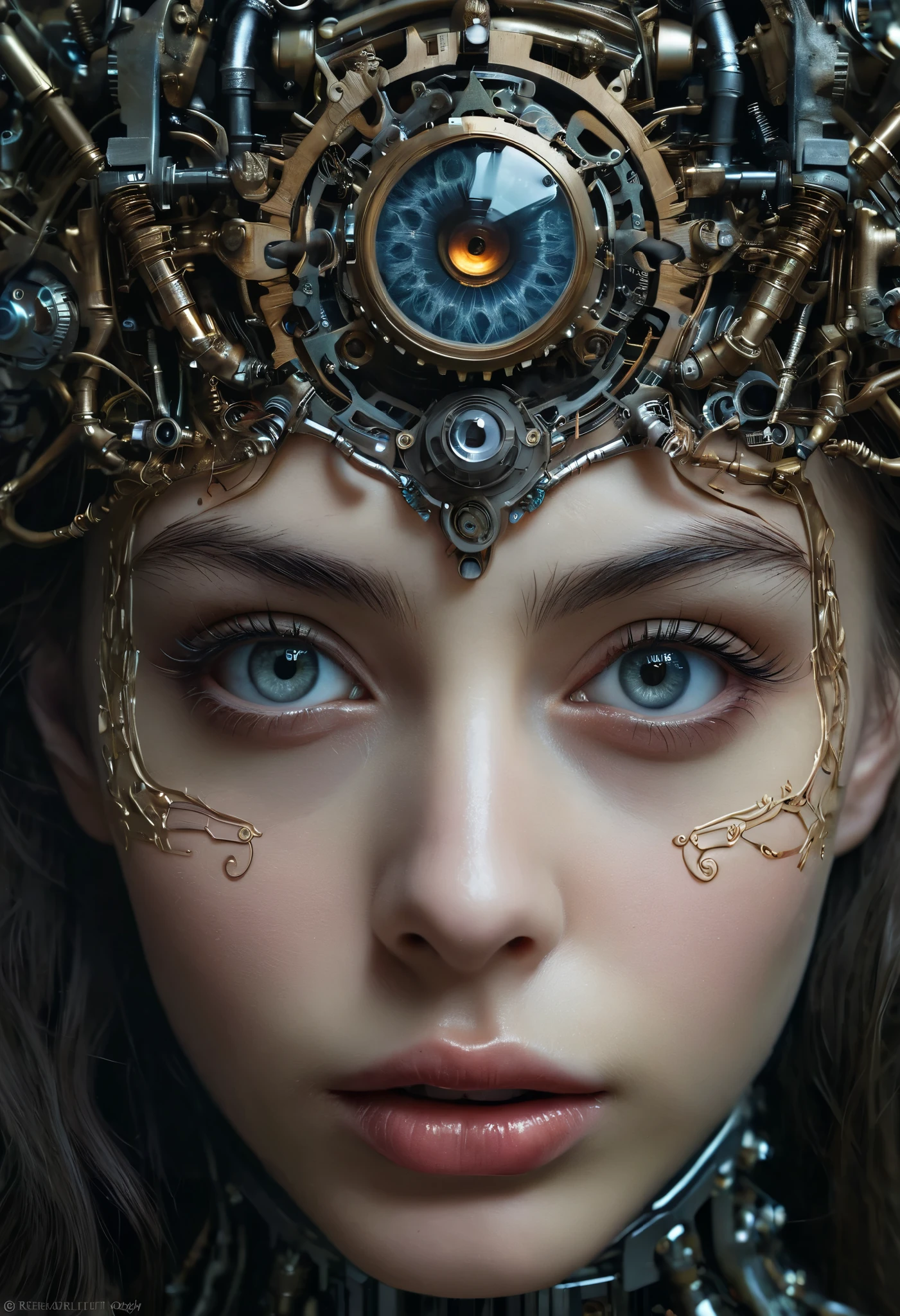 1 girl, stunning detailed face, beautiful eyes, beautiful lips, long eyelashes, intricate details, detailed mechanical biomorphism, horror atmosphere, quantum world, maximalist digital painting, photorealistic, 8k, masterpiece, (best quality:1.2), (realistic:1.37), dark moody lighting, sinister, surreal, cinematic