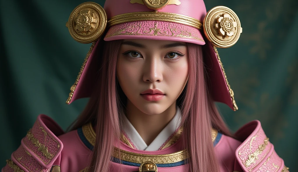 "Create a hyper-realistic_photo_portrait of a fierce female warrior with piercing brown eyes and long, stright pink hair, wearing detailed pink samurai armor with golden engravings. Her face shows  a slightly fatigued expression, but her eyes remain sharp and determined. The helmet features an ornate golden crest and intricate patterns, while the armor has finely crafted golden accents. The background is muted dark green to emphasize the warrior's presence. The overall atmosphere is raw, powerful, and cinematic, with detailed lighting highlighting the textures of the armor, hair, and facial features, capturing the authenticity of a battle-hardened warrior."  This prompt captures the gritty realism and powerful emotions of the warrior while including the detailed elements of her armor and face.