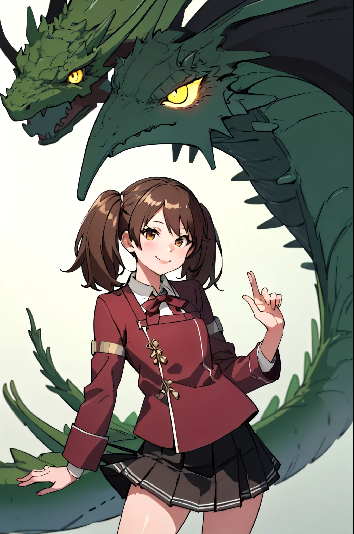  top quality ,  detailed background,
 One girl ,
Dragon Swallow ,  twin tails, Brown Hair, Indonesia_School_uniform, skirt,
smile, ,  Watch viewers