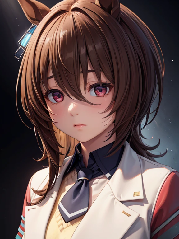 a girl in a white lab coat, yellow cardigan, navy tie, looking into the distance with a slightly sad expression, beautiful detailed eyes, beautiful detailed lips, extremely detailed face, 1girl, scientist, horse girl, agnes takion, (best quality,4k,8k,highres,masterproject:1.2),ultra-detailed,(realistic,photorealistic,photo-realistic:1.37),highly detailed,realistic,photorealistic,intricate details,cinematic lighting,dramatic lighting,vibrant colors,warm palette