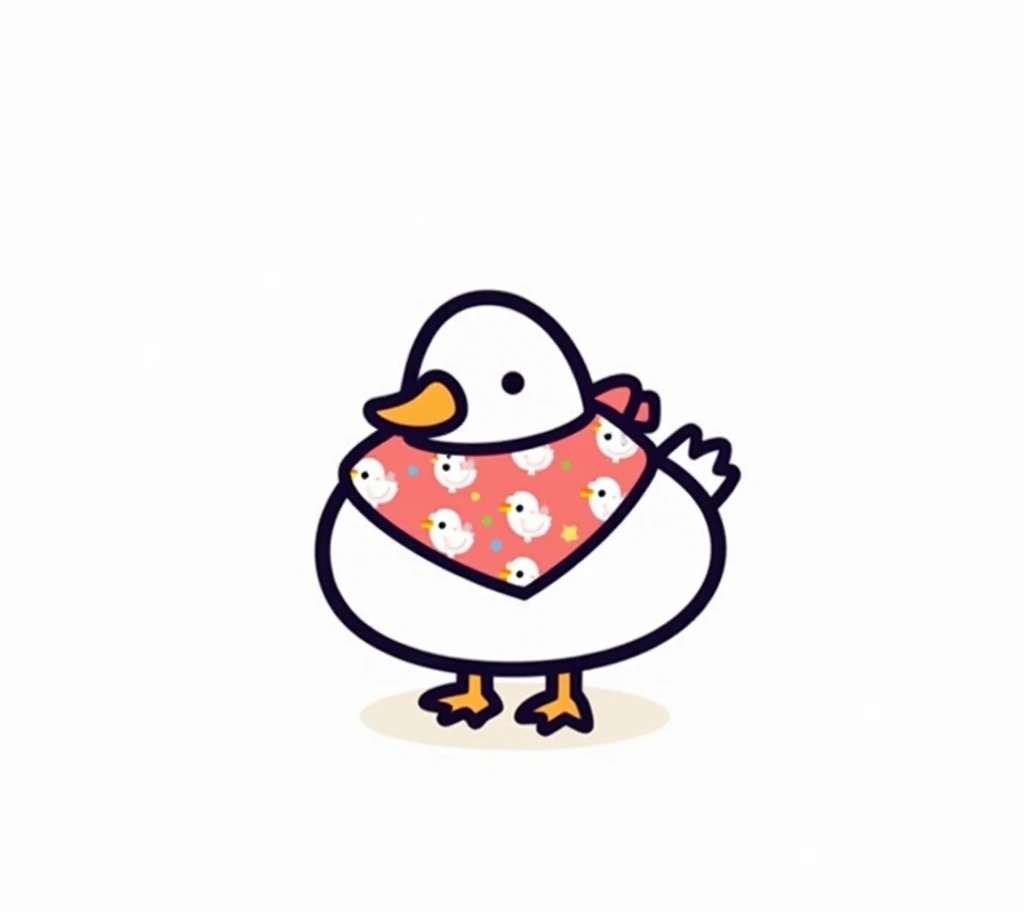 A cartoon duck, centered in the image, is depicted in a simple, stylized illustration. The duck is white with a rounded body and a light orange beak. It wears a coral-pink bandana with a small repeating pattern of stylized chickens and small birds. The duck's expression is neutral and friendly. The duck's legs and feet are a darker line. The background is plain white. The colors are muted. The style is simple line art. The composition is straightforward, with no complex elements. The perspective is directly facing the viewer.  The duck is positioned in a standing pose.  There are no extra details, shading, or complex elements in the image.
