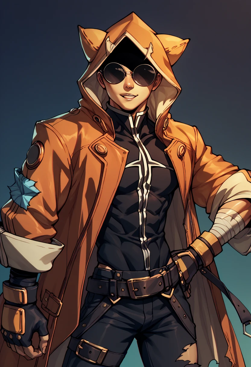  ,human Male , round Glasses ,(( hood up )), ((faceless)) , Torn red Coat  , Pants  , Black Clothing ,black face , Bandage  , Belt , Blazblue world 