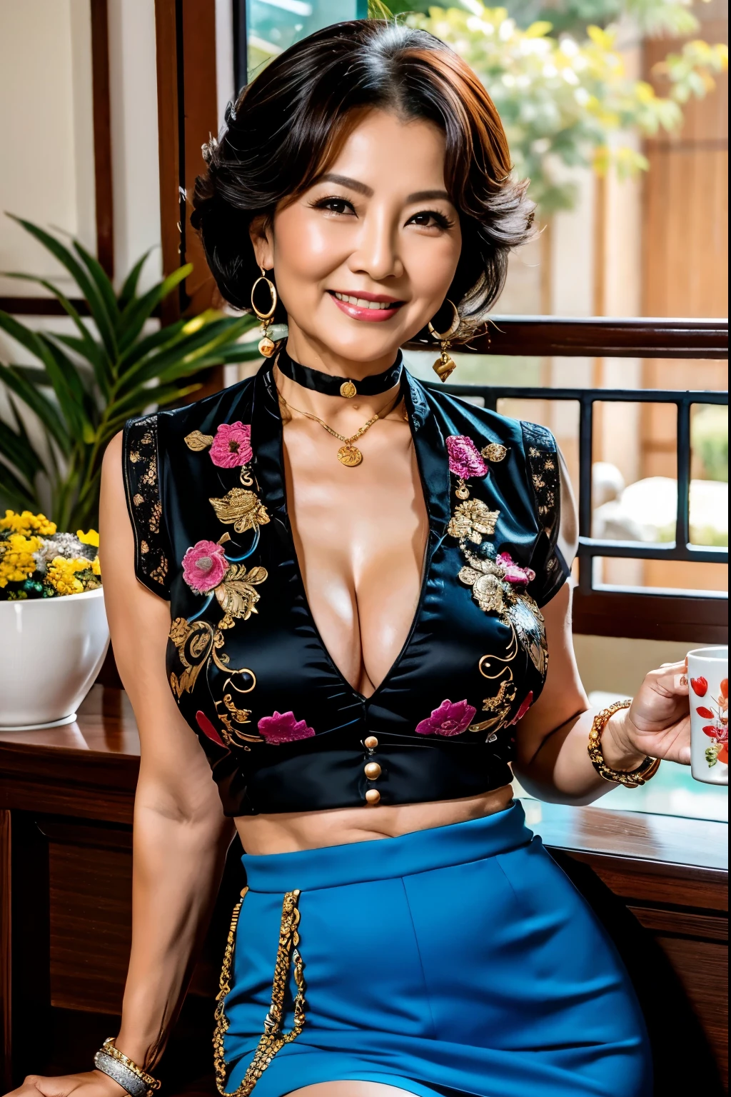 79 Mom MILF Chinese Lady large earring Big choker navel piercing decoration A bracelet realisitic Gorgeous Madame Beautiful Mature Woman sexy Smile Gentle woman navel piercing 4K High quality