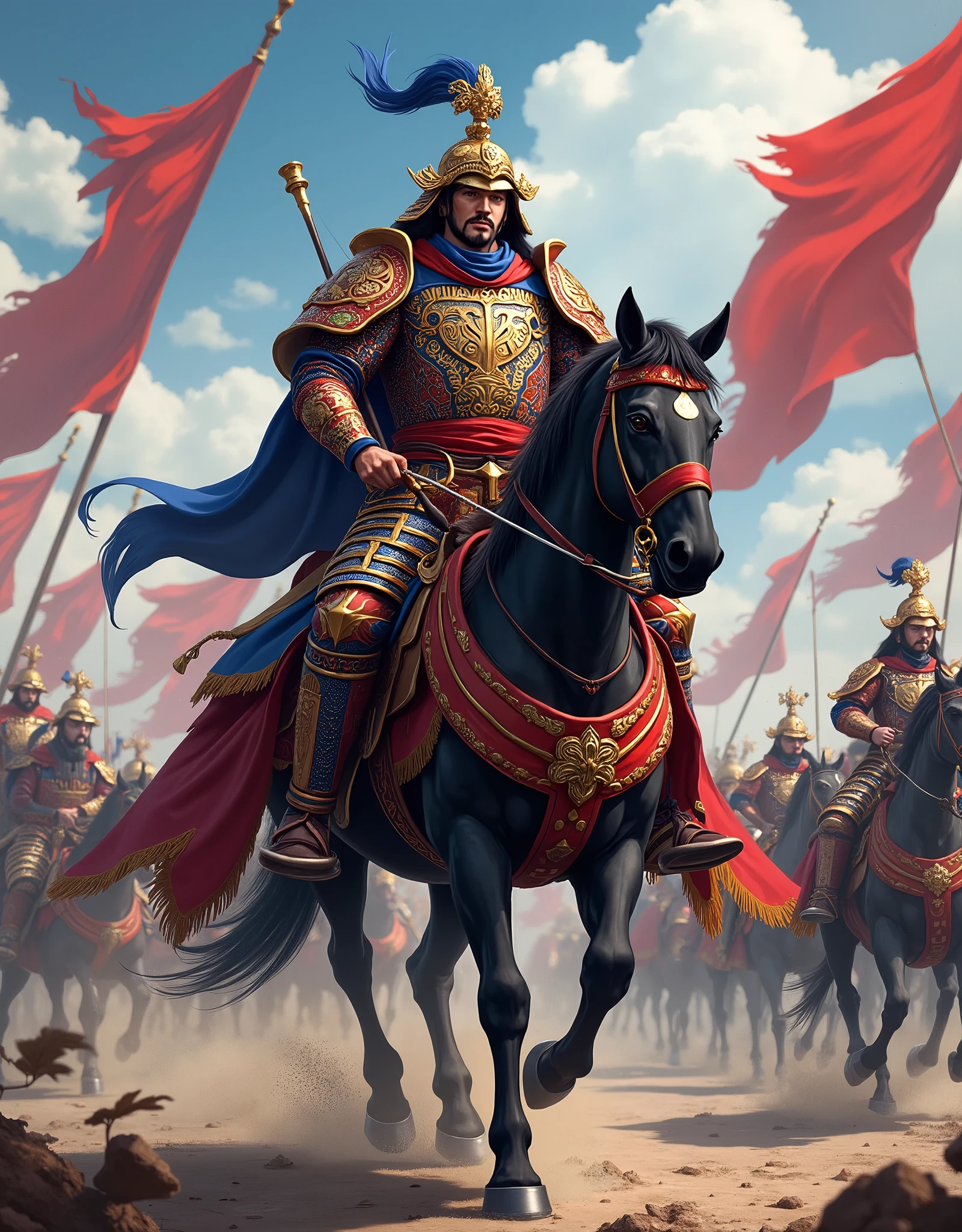  Legendary Seii Taishogun Sakagami Tamuramaro, Vivid Armor Helmets ,  Straddling Horses and Commanding Battles ,  anime style , 