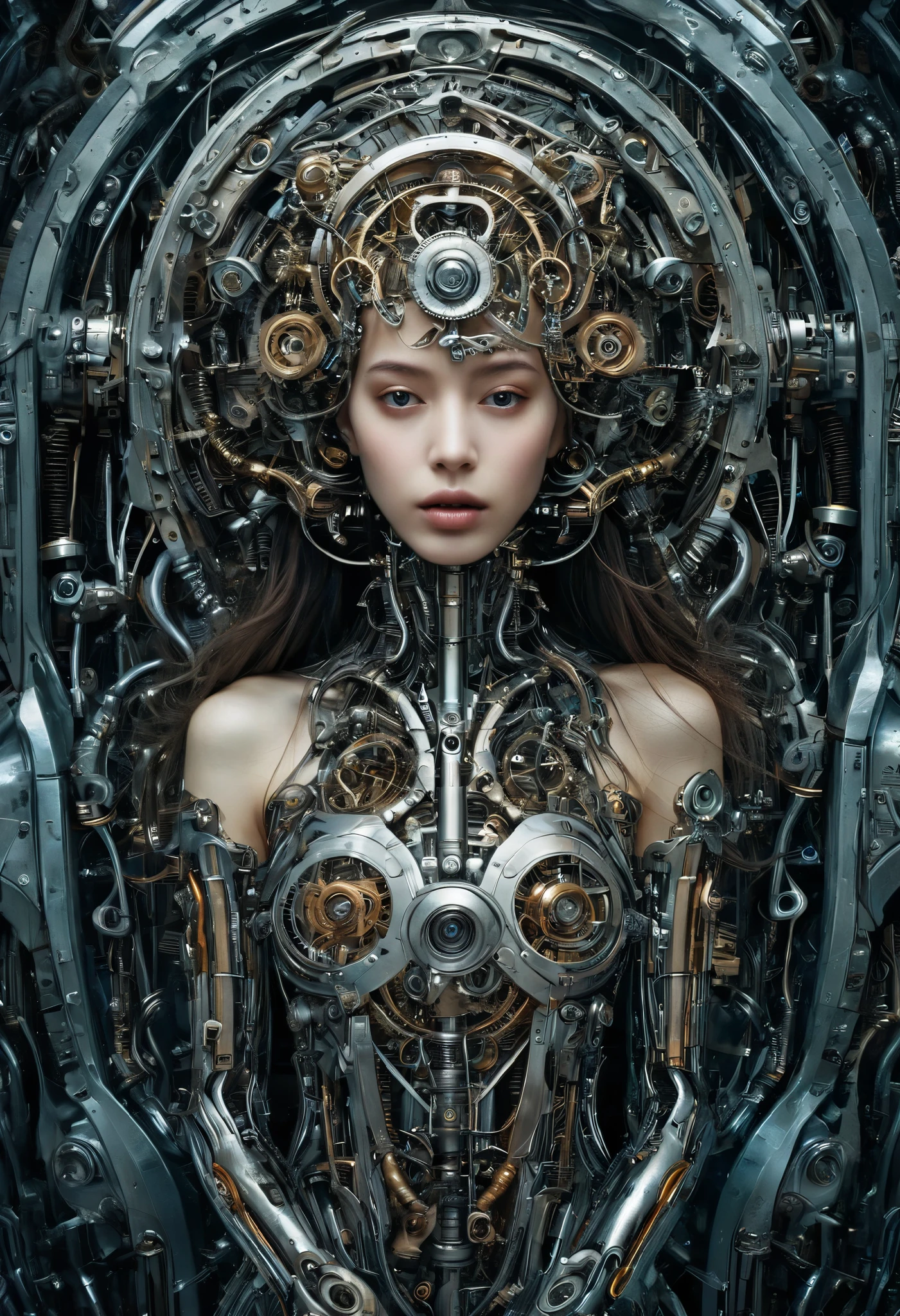 1 stunning girl, place of fear in the quantum world, perfect illustration of mechanical biomorphism, horror art, intricate details, maximalist perfect illustration, Digital Painting Art