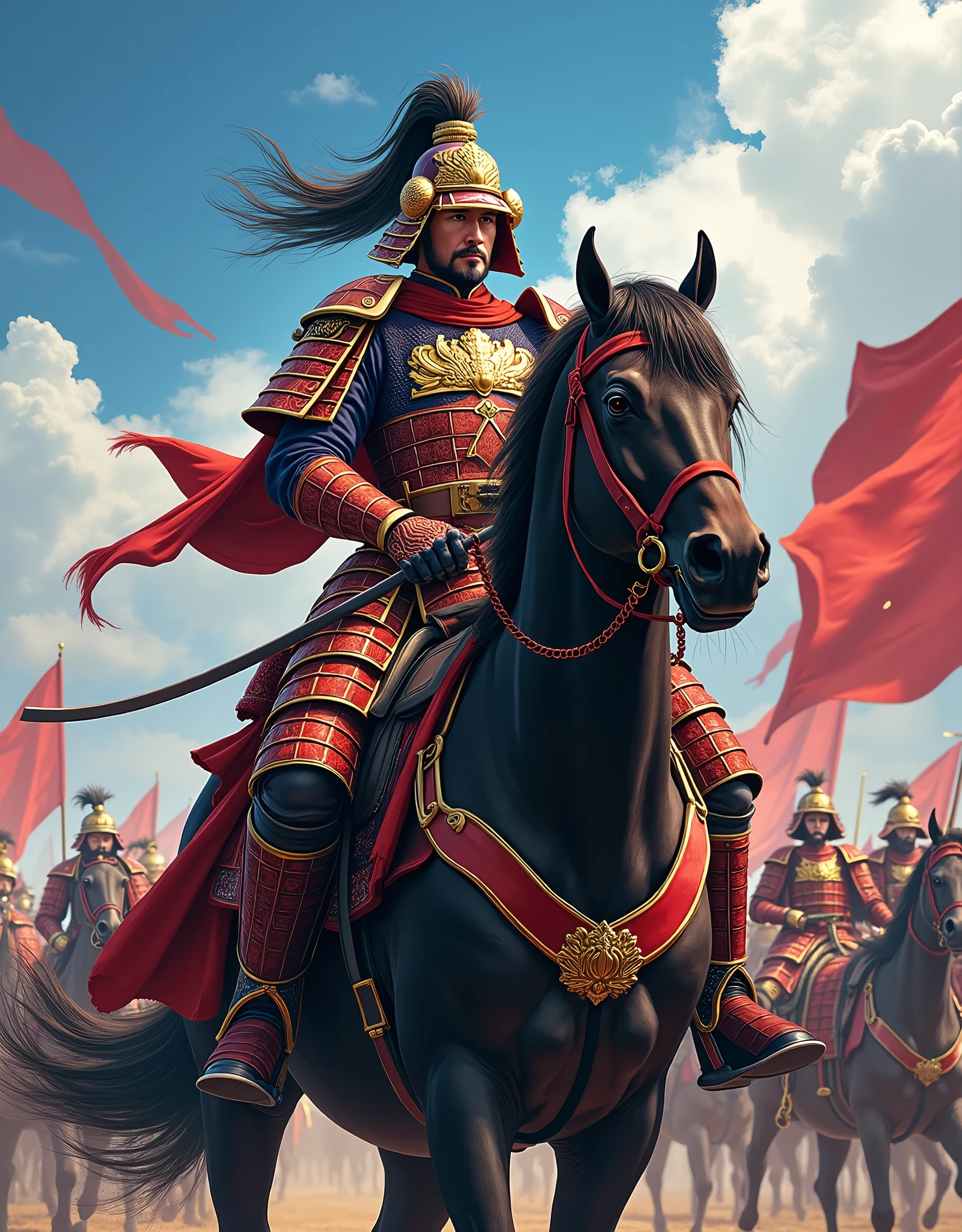  Legendary Seii Taishogun Sakagami Tamuramaro, Vivid Armor Helmets ,  Straddling Horses and Commanding Battles ,  anime style , 