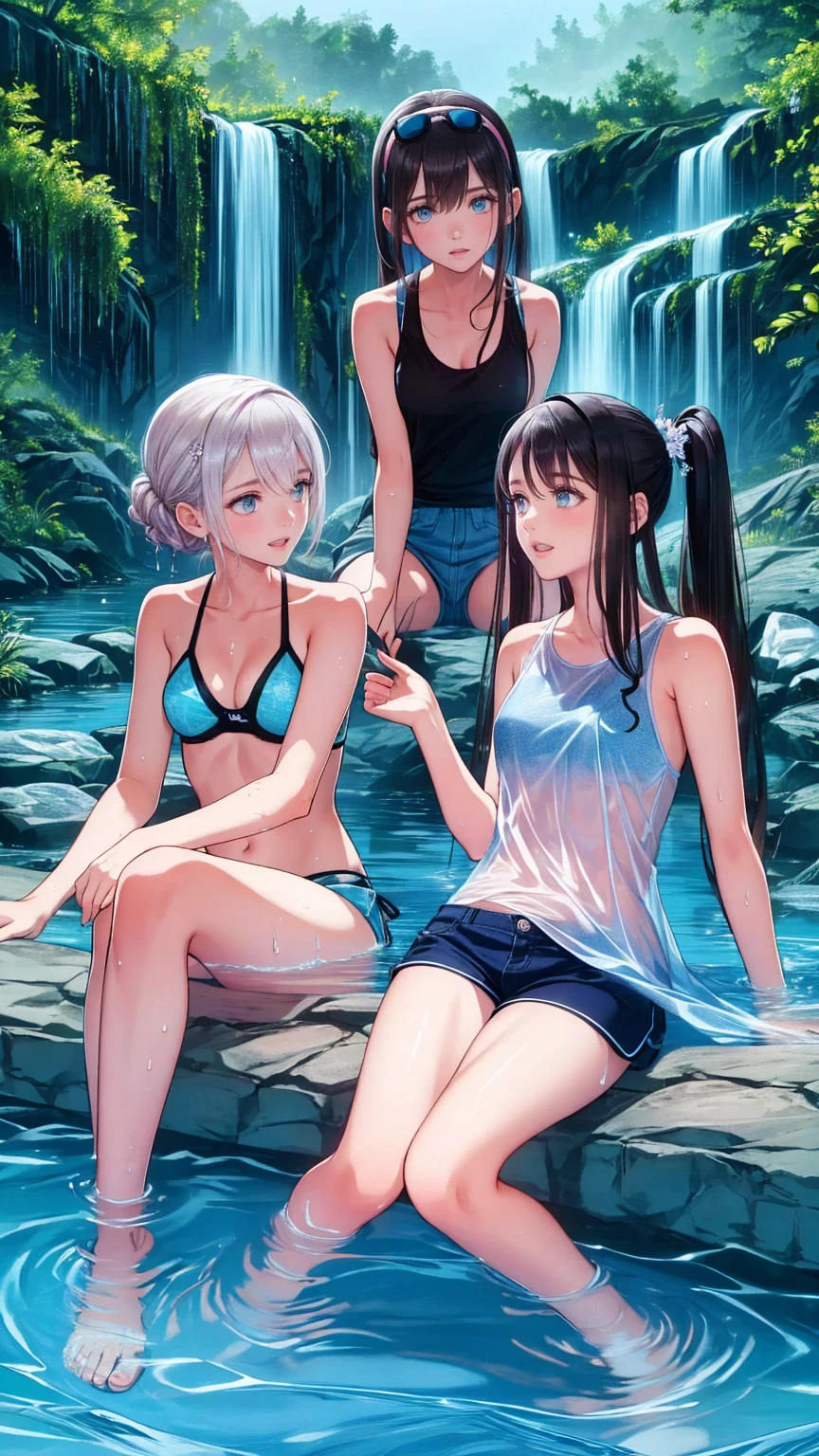 "(realistic girl:1.3), black bikini, wet, eye-catching pose, with a serene lake in the background, surrounded by vibrant flowers and lush meadow, accentuated curves, captivating blue and green heterochromia, seductive pose, visible camel toe." --auto
